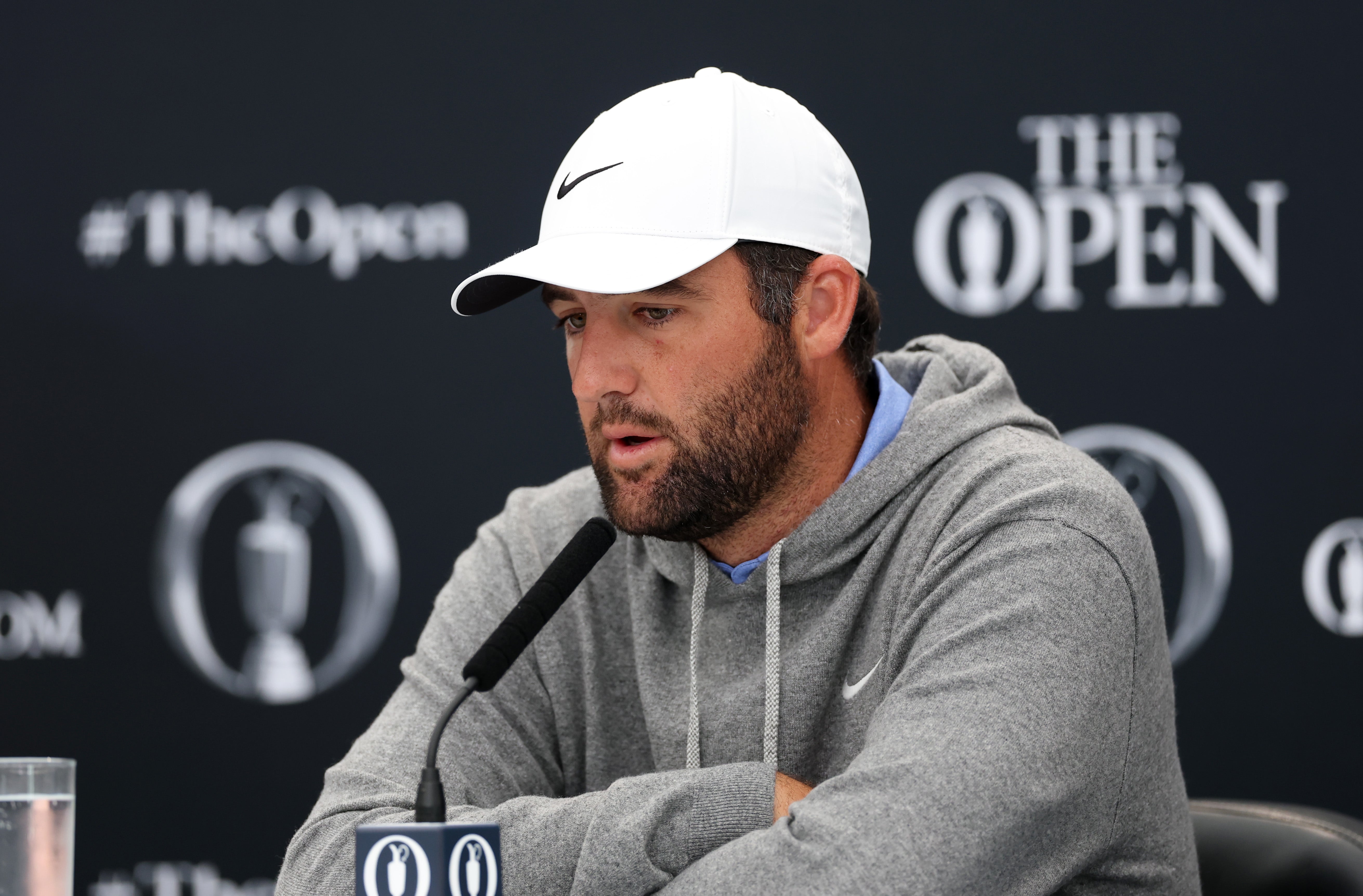 Scottie Scheffler speaking at a press conference ahead of The Open