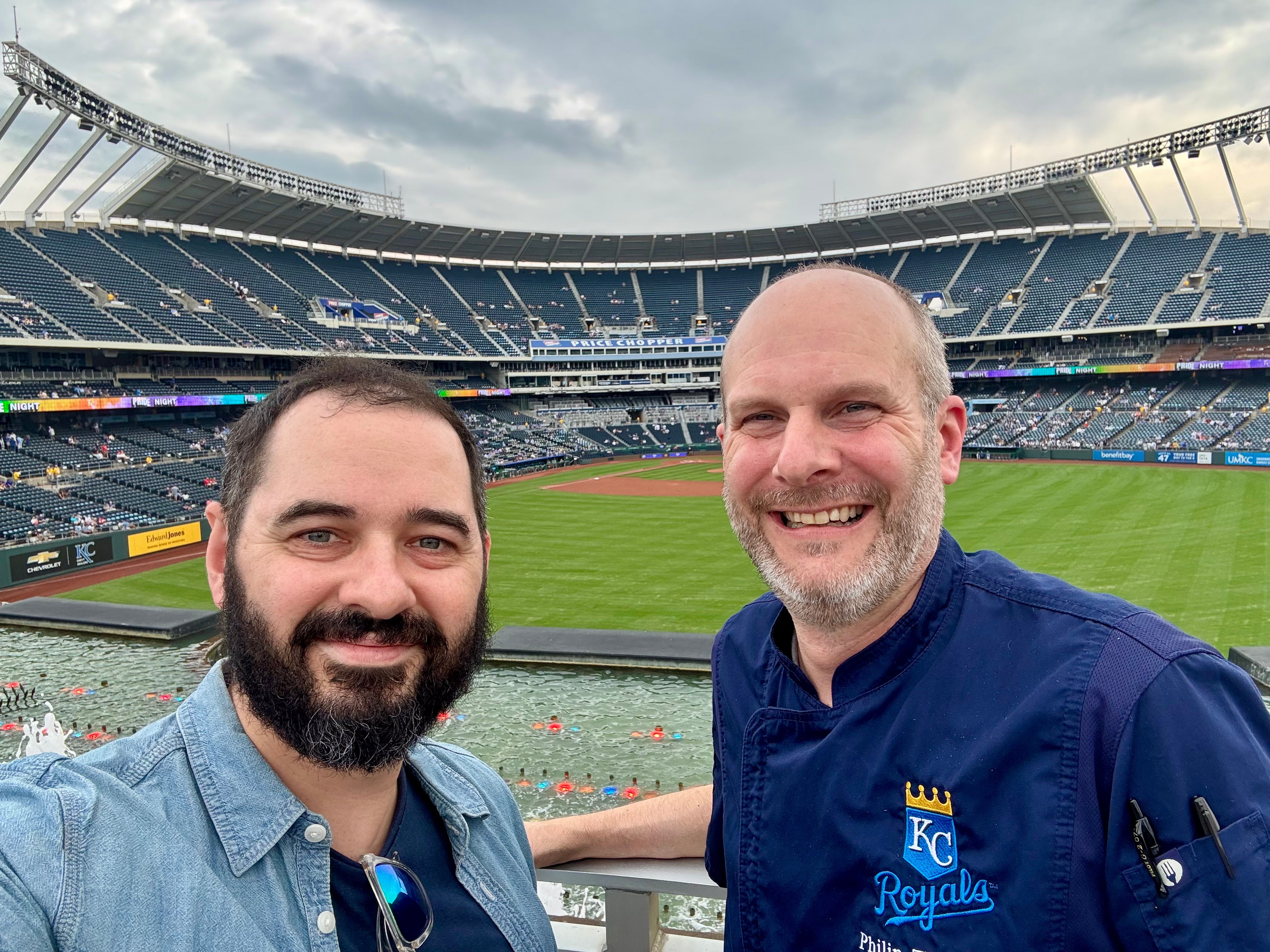 James visiting Kaufmann Stadium (home of the Kansas City Royals baseball team) with the stadium’s executive chef Philip Thompson