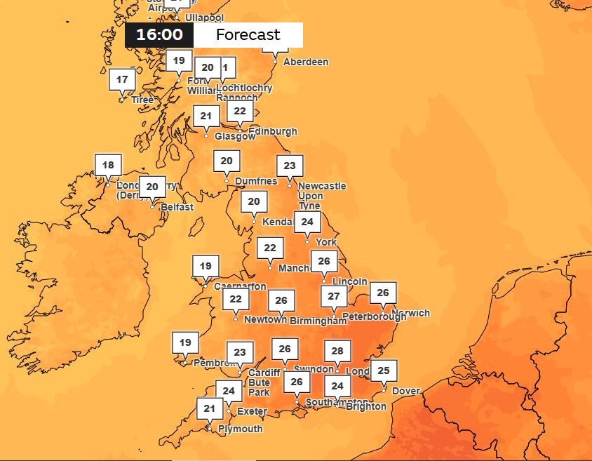 The Met Office predicts a high of 28C in London on Friday at 4pm