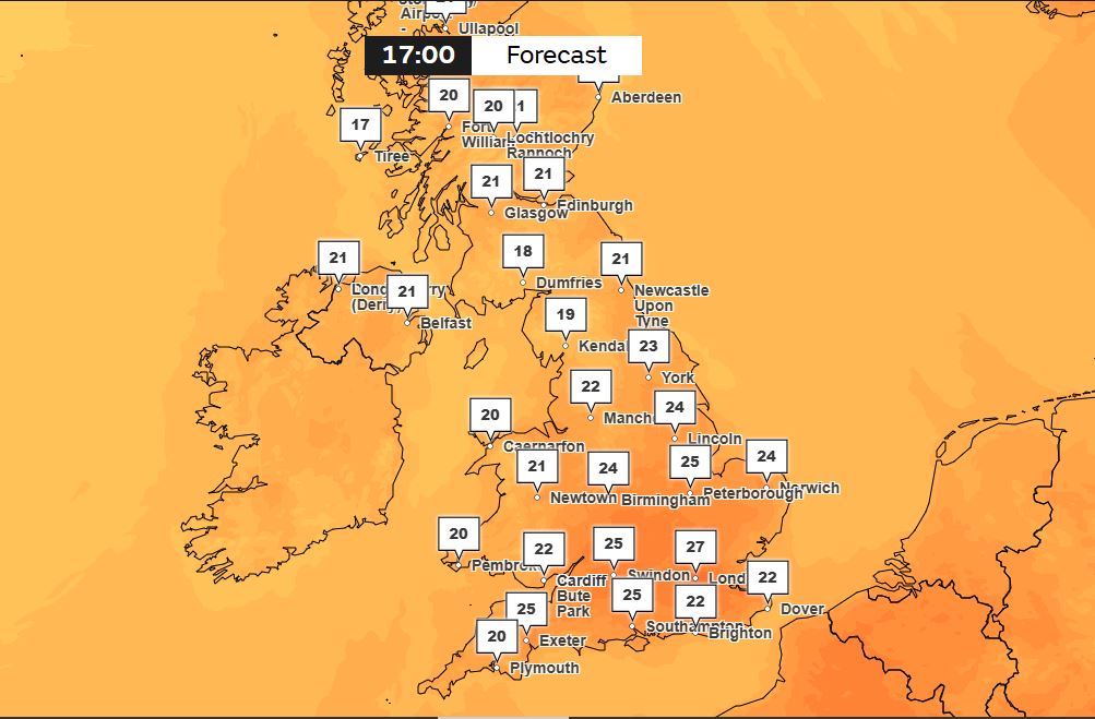 A high of 27C in London is predicted on Thursday at 5pm