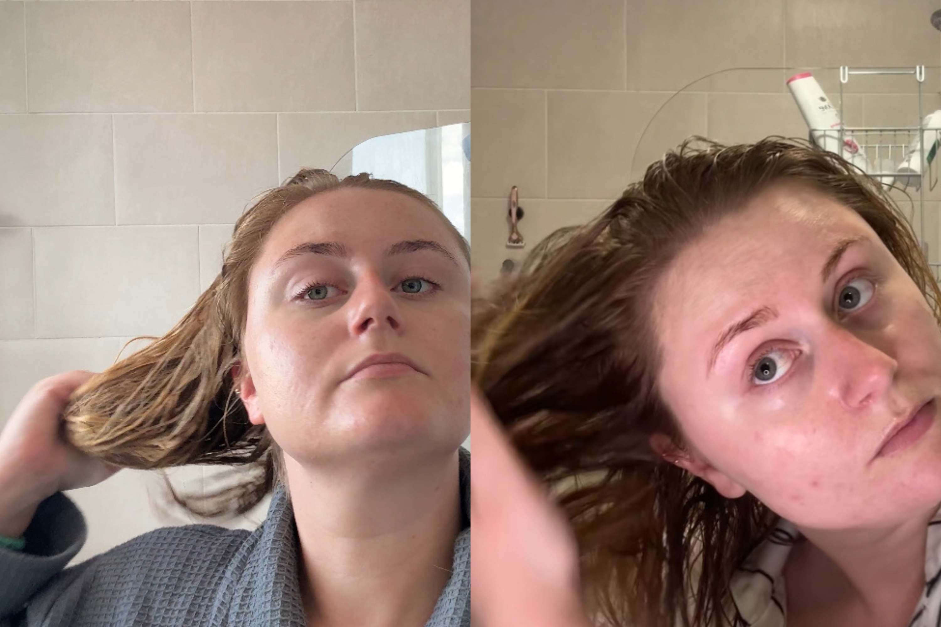 (Left) applying the Hairification H24 mask and (right) the K18 leave-in