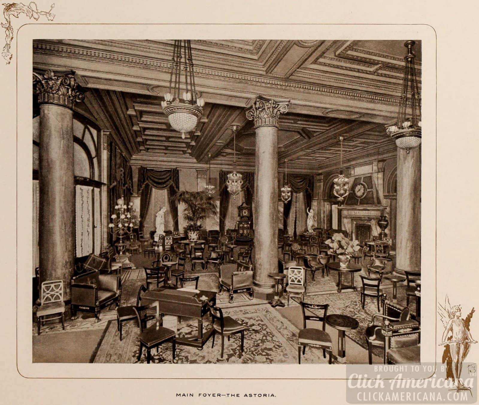 The main foyer at the Astoria Hotel in 1903. It was connected to the Waldorf Hotel by a thoroughfare known as Peacock Alley. The two properties merged in 1897, having been built by cousins John Jacob Astor IV and William Waldorf Astor