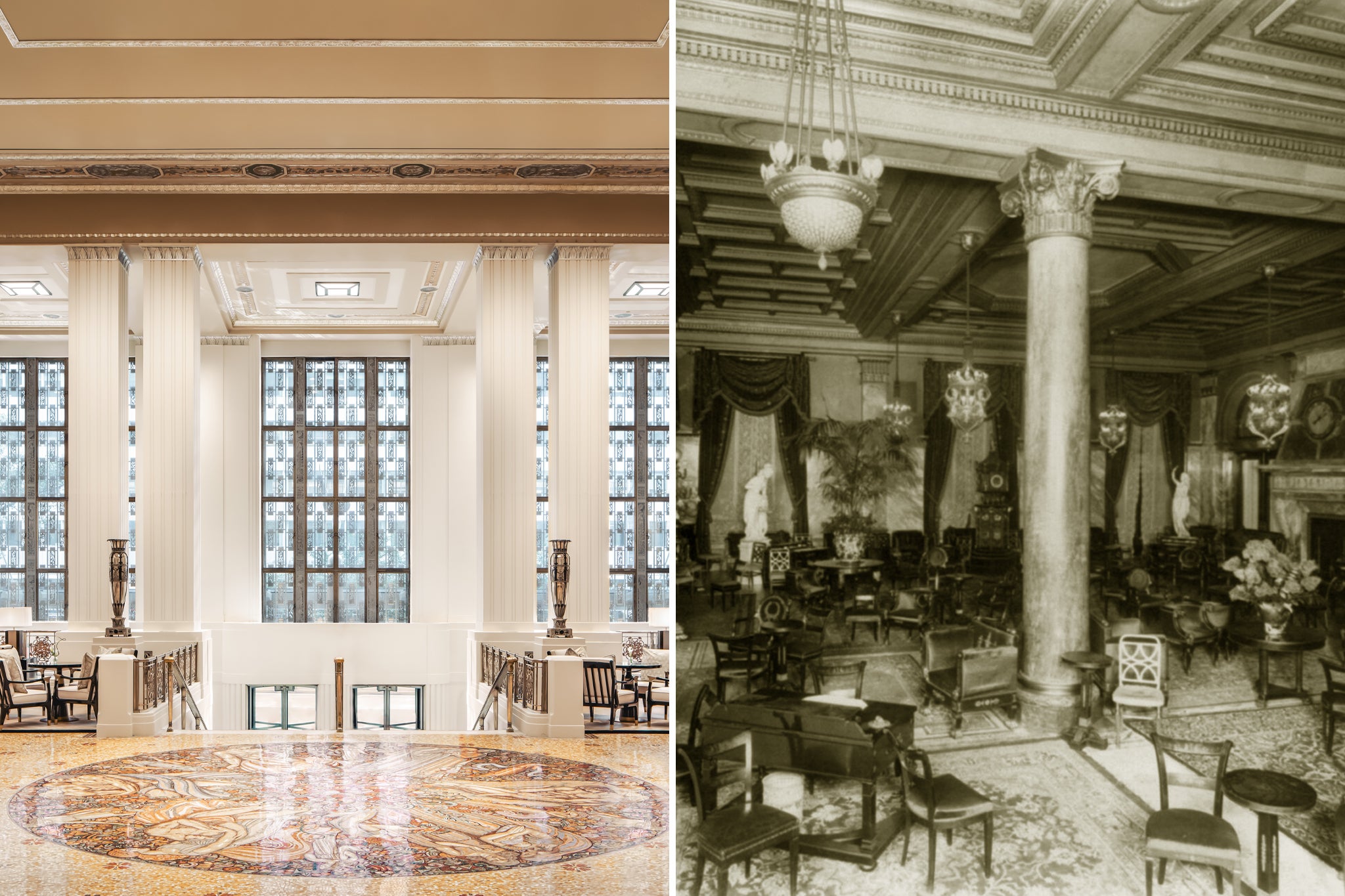 <p>Conrad Hilton described the Waldorf Astoria as 'the original luxury property'. Pictured is the new and old lobby</p>
