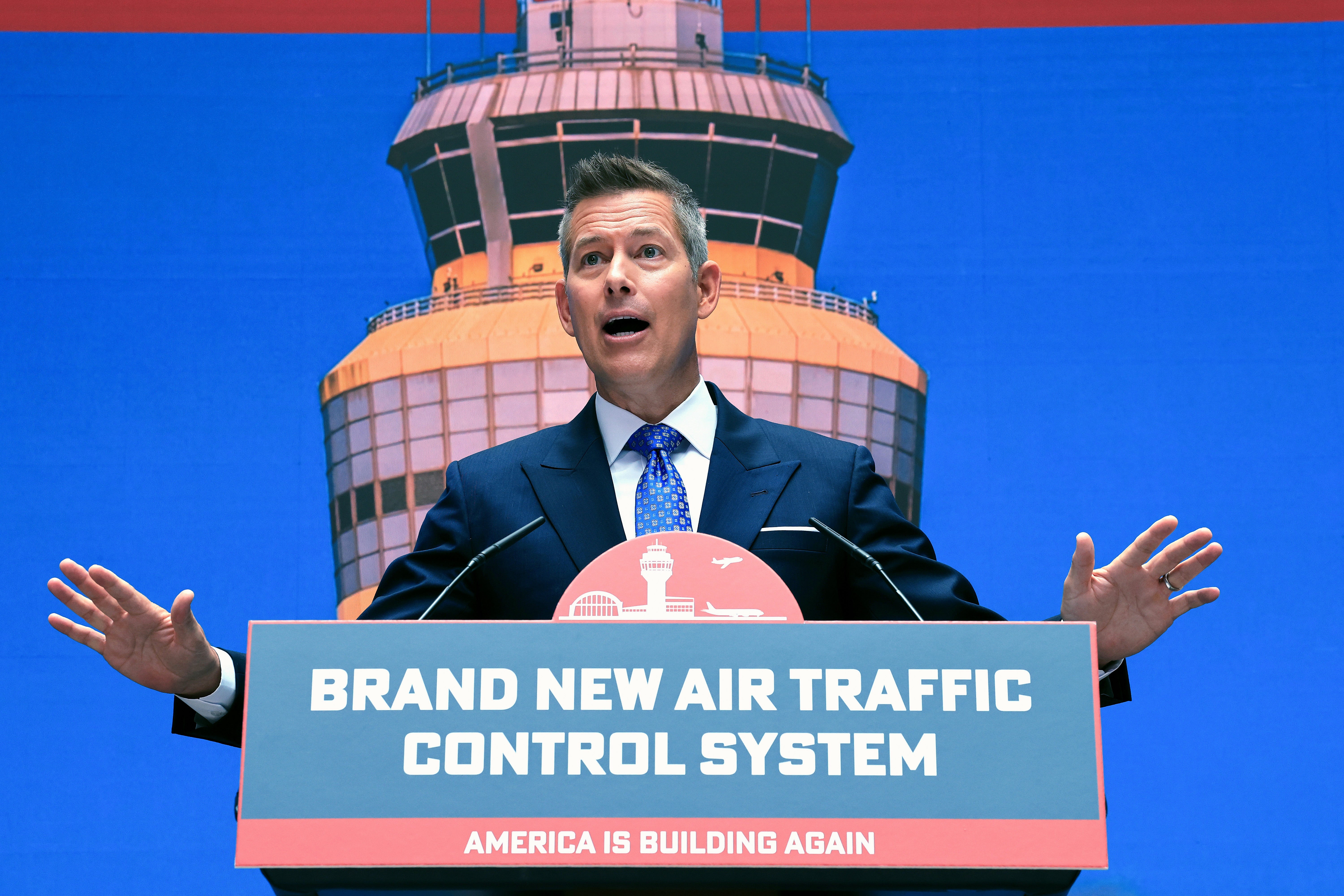 Secretary of Transportation Sean Duffy speaks at an event unveiling a new U.S. air traffic control system at the Department of Transportation. Experts are warning about the FAA’s plan to hire more air traffic controllers.