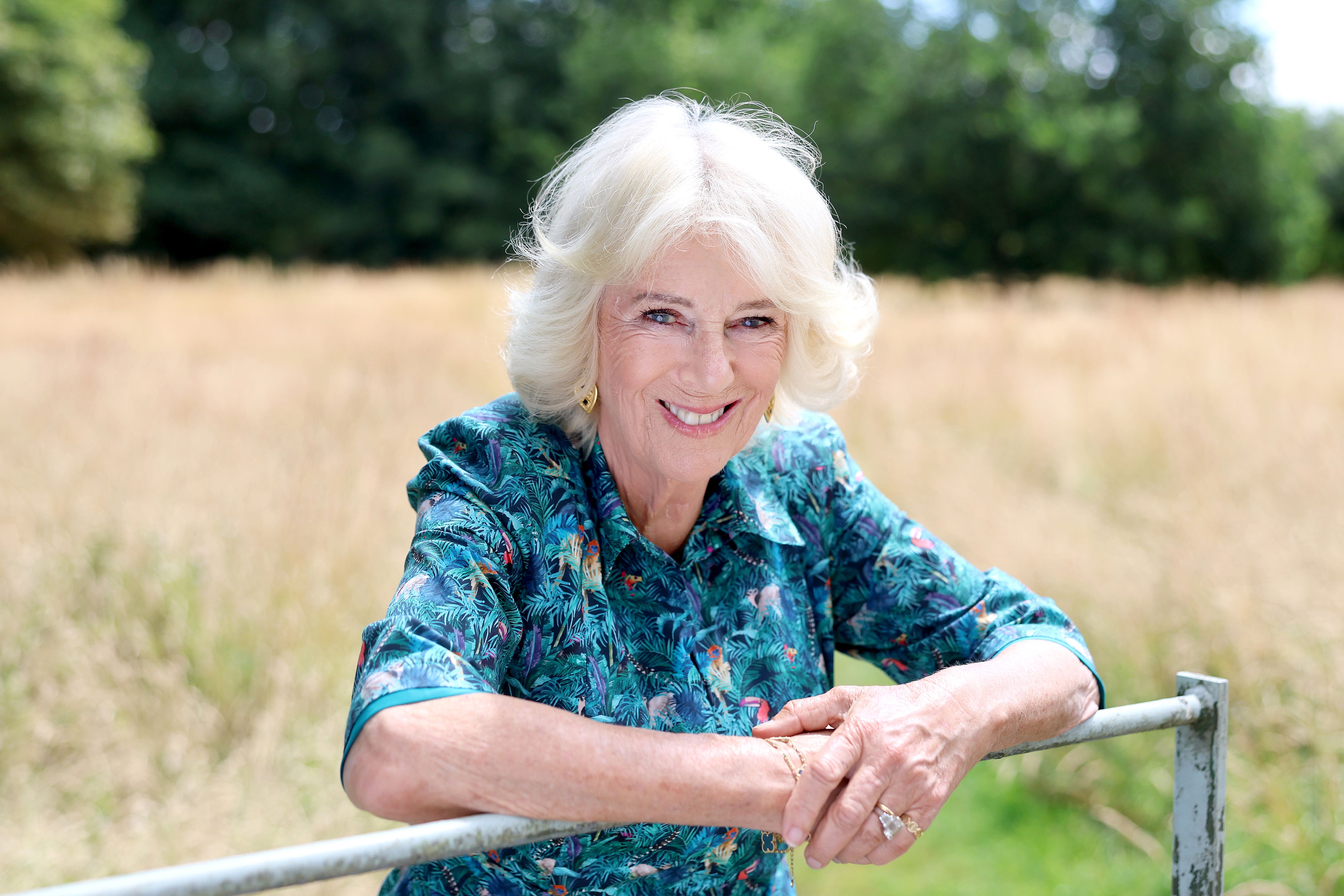 Queen Camilla posing for a portrait to mark her birthday in the garden of her home Ray Mill House in the village of Lacock (Chris Jackson/Getty Images for Buckingham Palace)