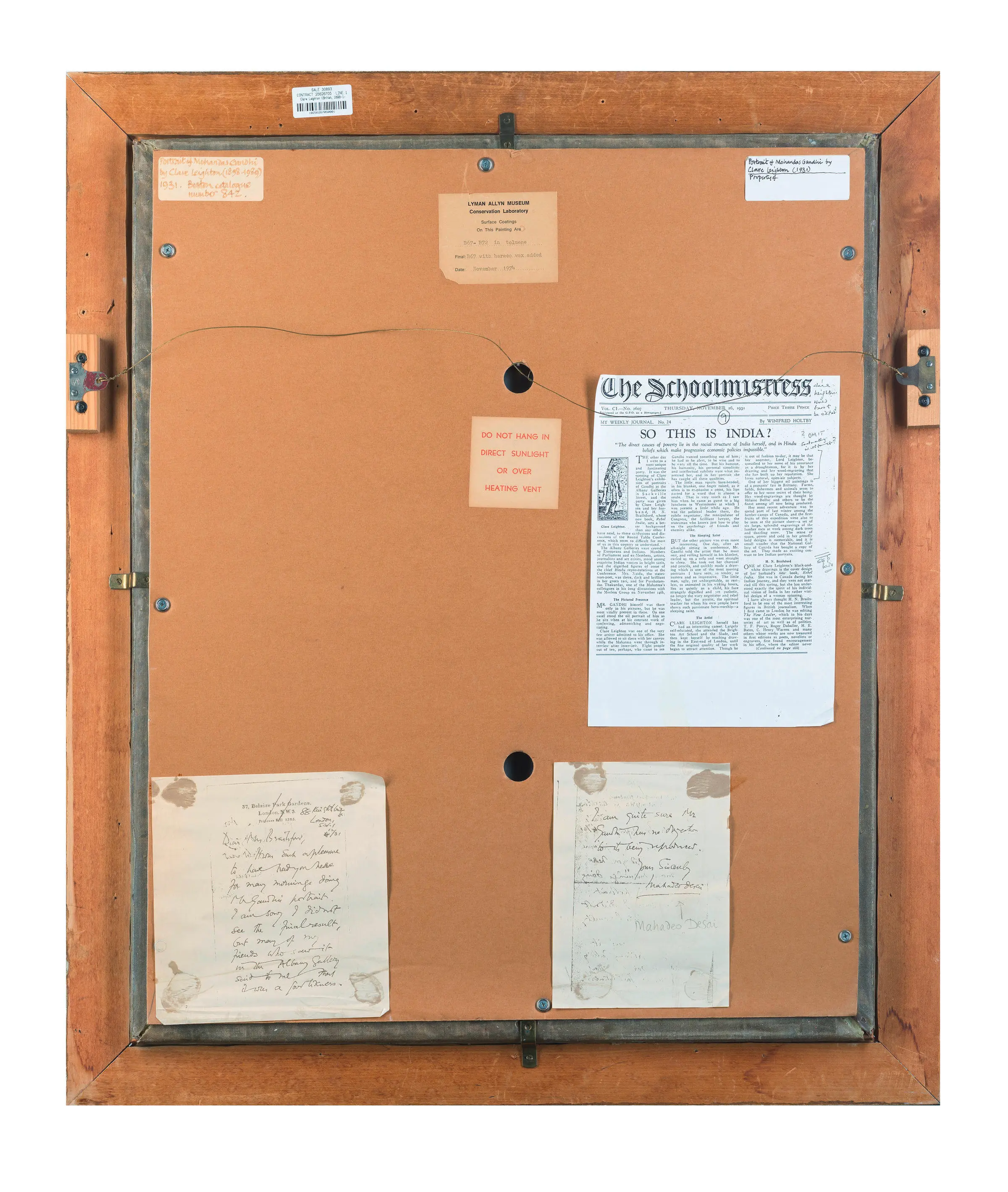 The back of Leighton’s portrait, where one can see Desai’s letter