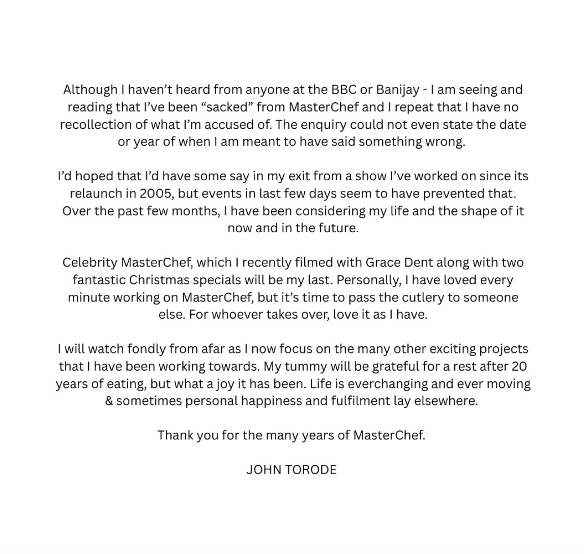 John Torode’s statement on ‘MasterChef’ sacking