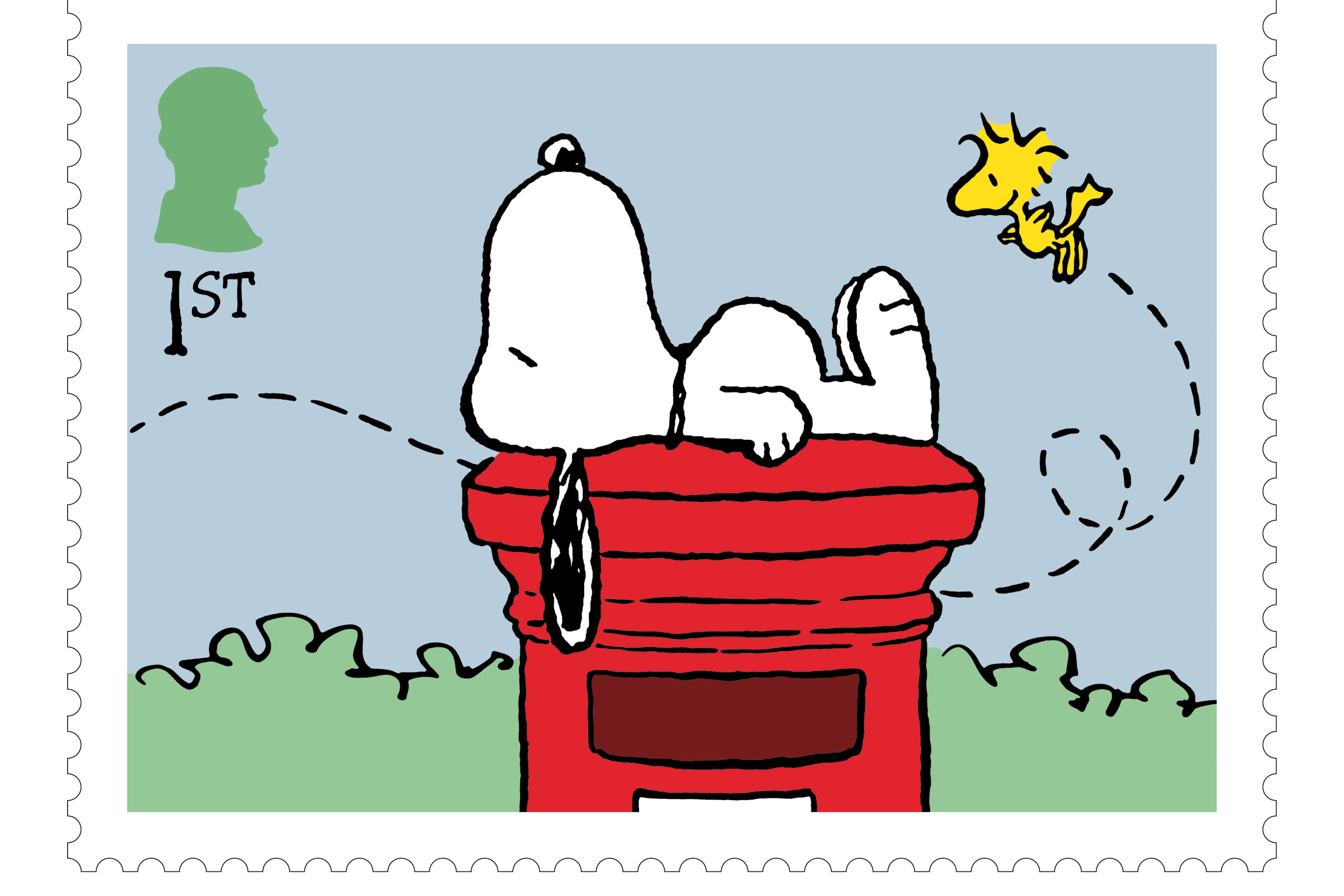 One stamp shows Snoopy lying on a red postbox (Royal Mail/PA)