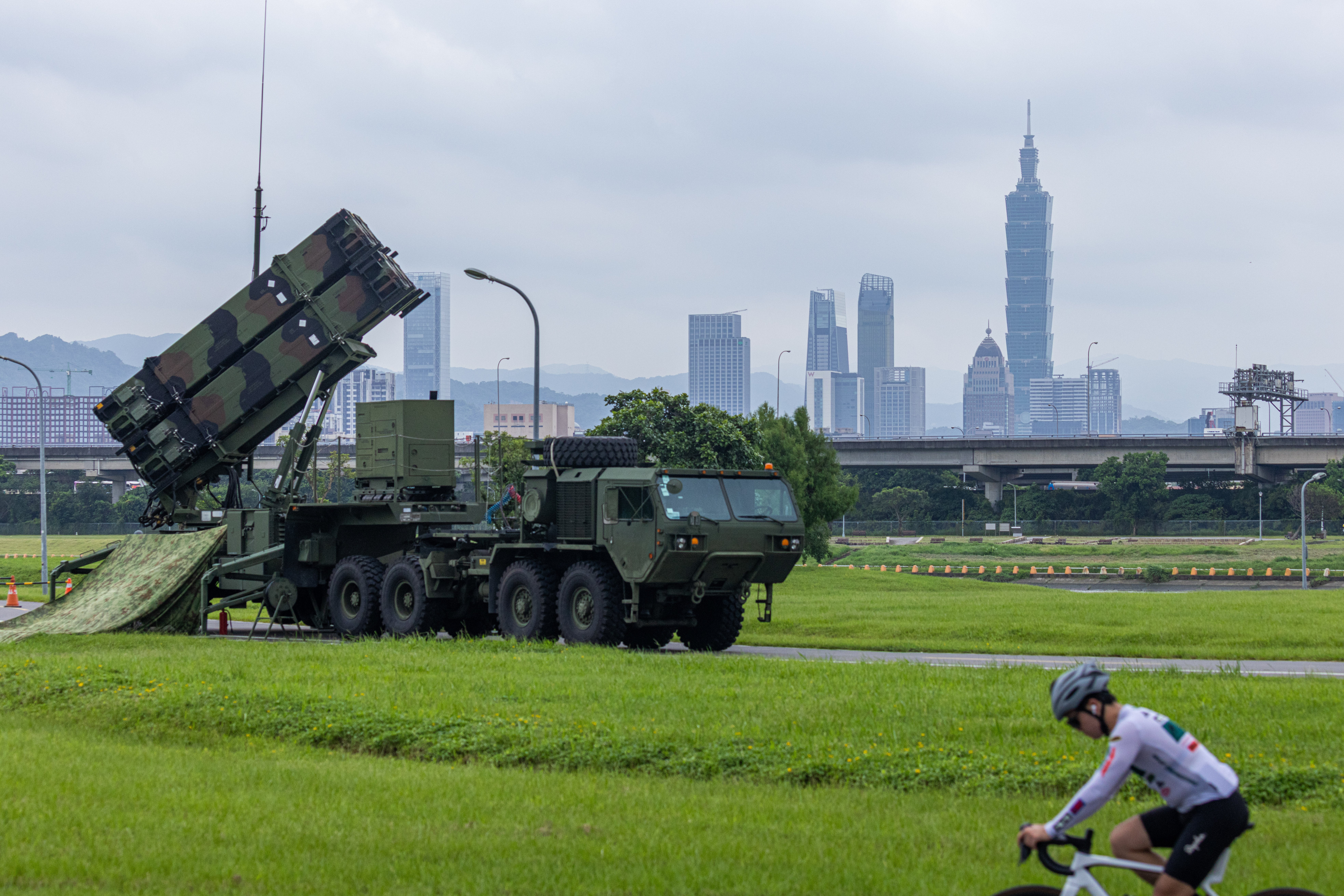 A Patriot air defence system is deployed at a park during the Han Kuang drill in Taipei