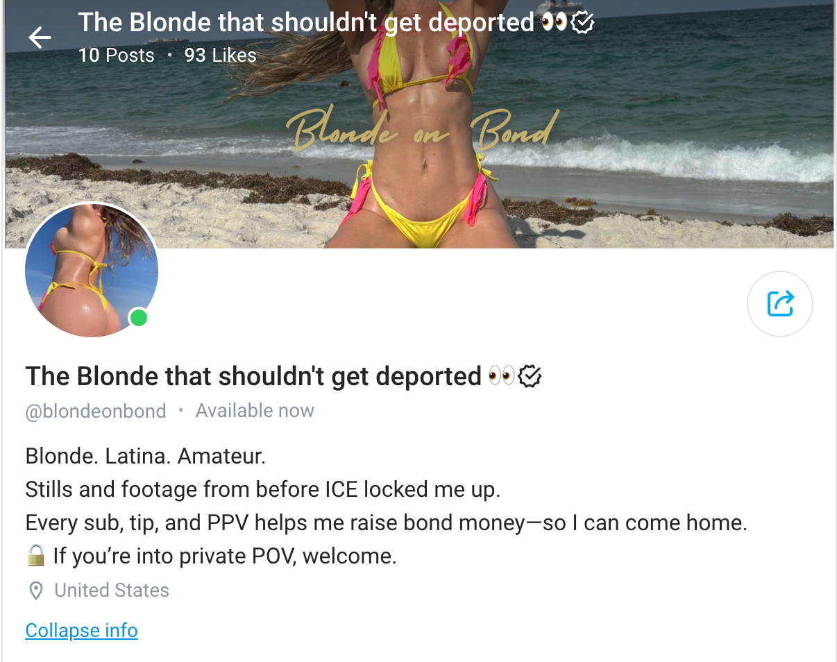 A screengrab from the detained woman’s OnlyFans account, which her husband is running while she is in ICE lockup. The couple is using the site to help cover her legal fees.