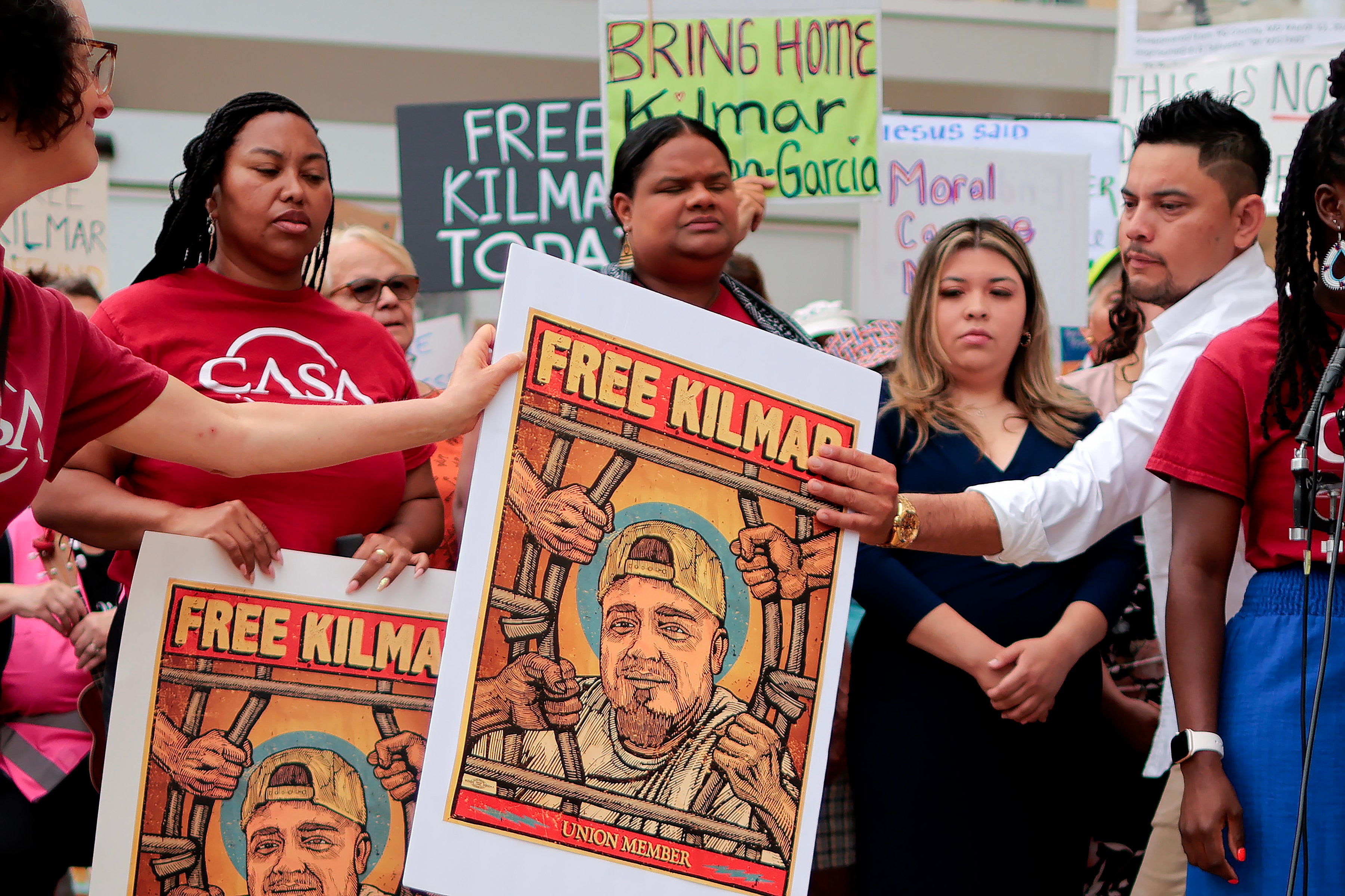 Supporters rally for Kilmar Abrego Garcia outside a court hearing to decide whether the Salvadoran immigrant at the center of Trump’s anti-immigration agenda could be deported, again, before a criminal trial
