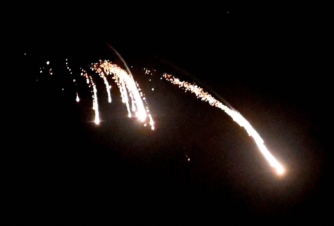 A Russian drone is shot down by Ukrainian air defences during a night strike on Kyiv