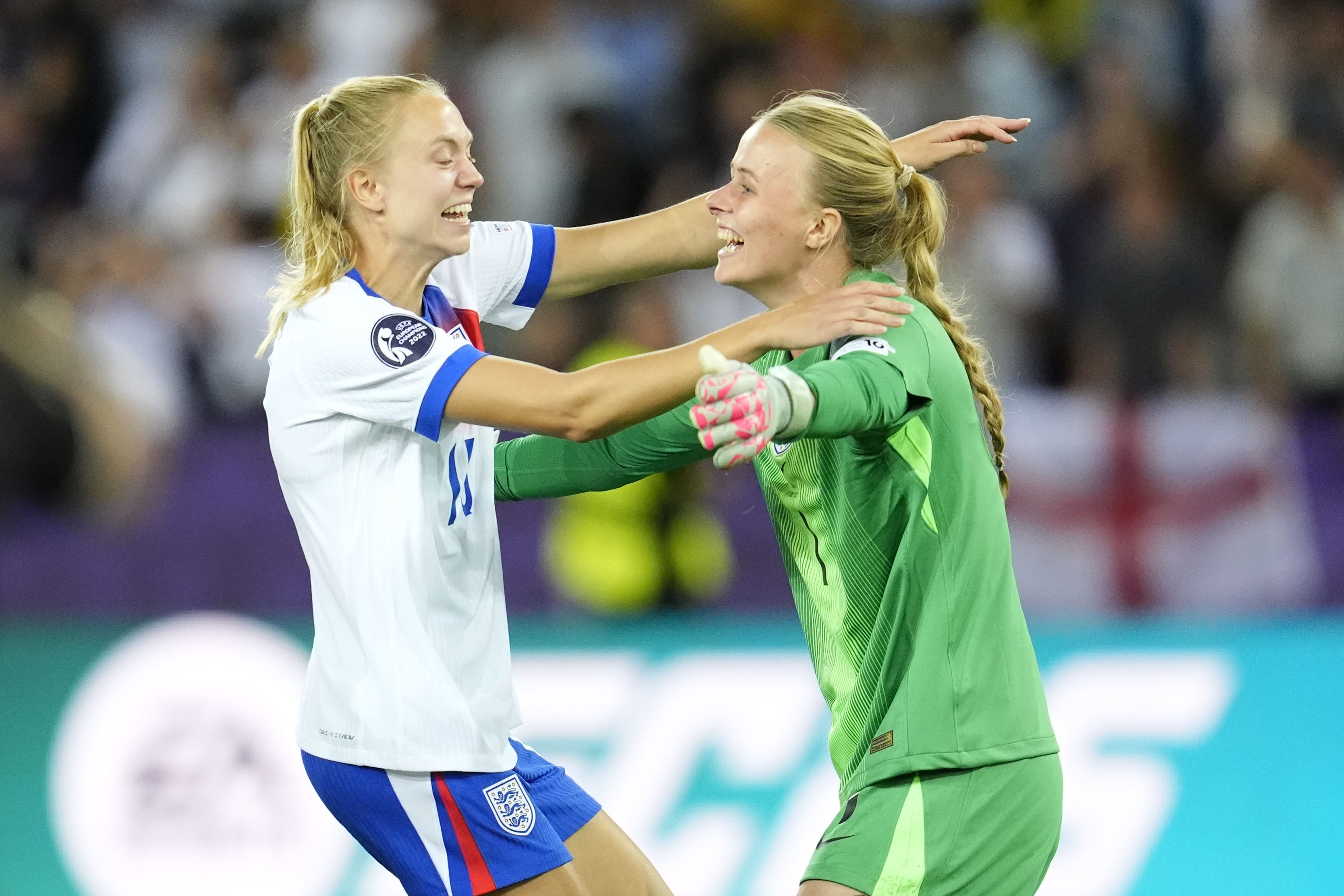 England’s Esme Morgan congratulates goalkeeper Hannah Hampton (Nick Potts/PA)