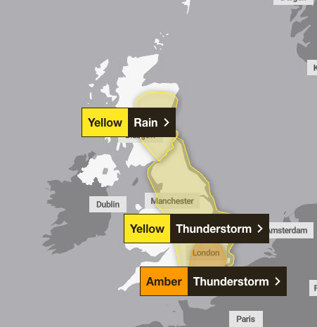 An amber warning for thunderstorms has been issued for between 4am and 11am