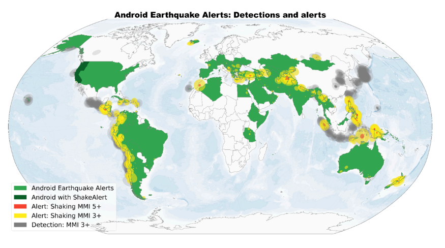 Map shows countries where Android's earthquake alert system is active (light green). Red and yellow mark areas that experienced strong (MMI 5+) and light (MMI 3–4) shaking, respectively. Grey dots show detections without alerts. Alerts in California, Oregon and Washington come from ShakeAlert (dark green).