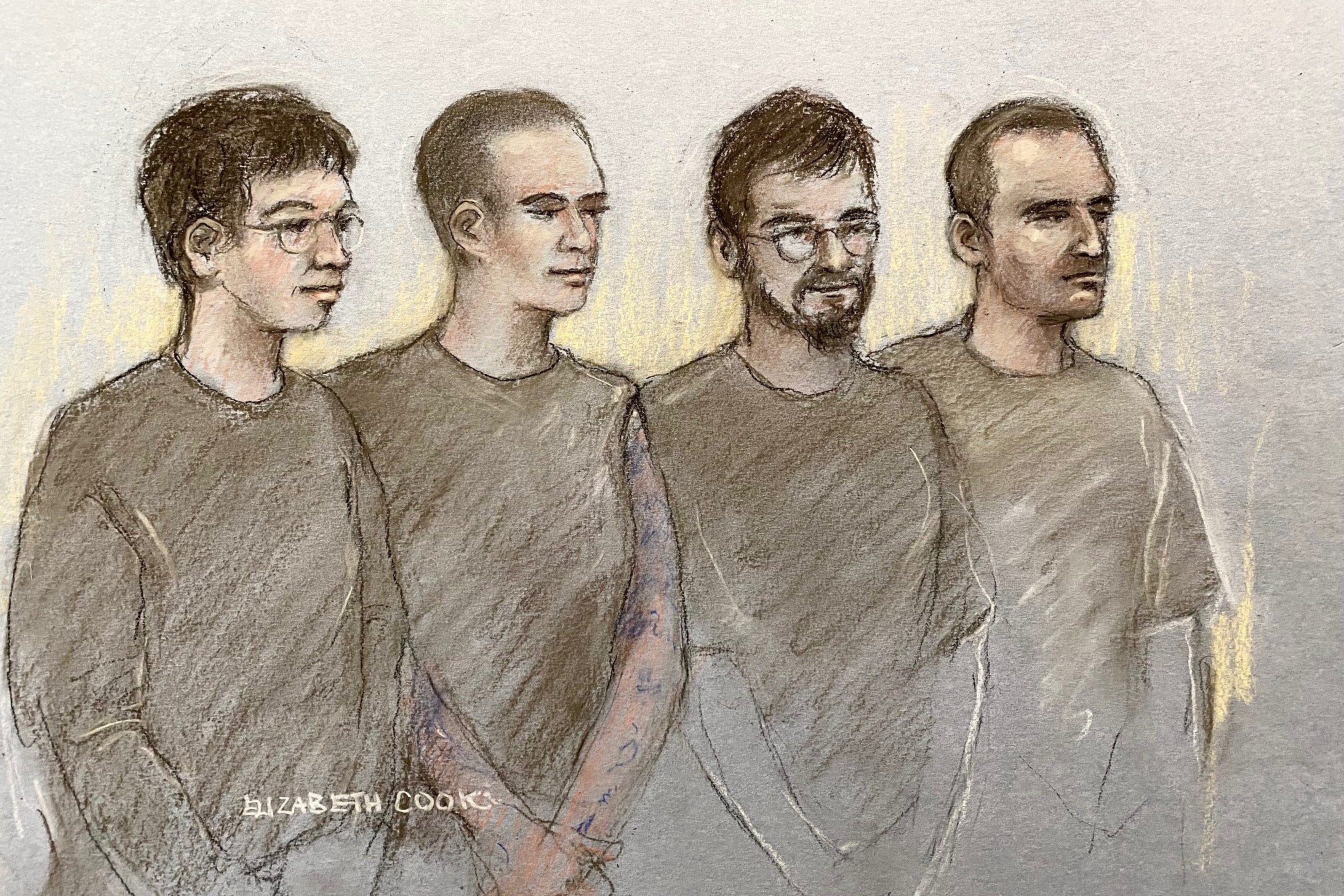 Court artist drawing of (left to right) Jony Cink, 24, Amy Gardiner-Gibson, 29, Lewie Chiaramello and Daniel Jeronymides-Norie, 35, appearing at Westminster Magistrates’ Court, London, where they are charged with conspiracy to enter a prohibited place knowingly for a purpose prejudicial to the safety or interests of the United Kingdom, and conspiracy to commit criminal damage following an incident at RAF Brize Norton in which two Voyager aircraft were damaged (Elizabeth Cook/PA)