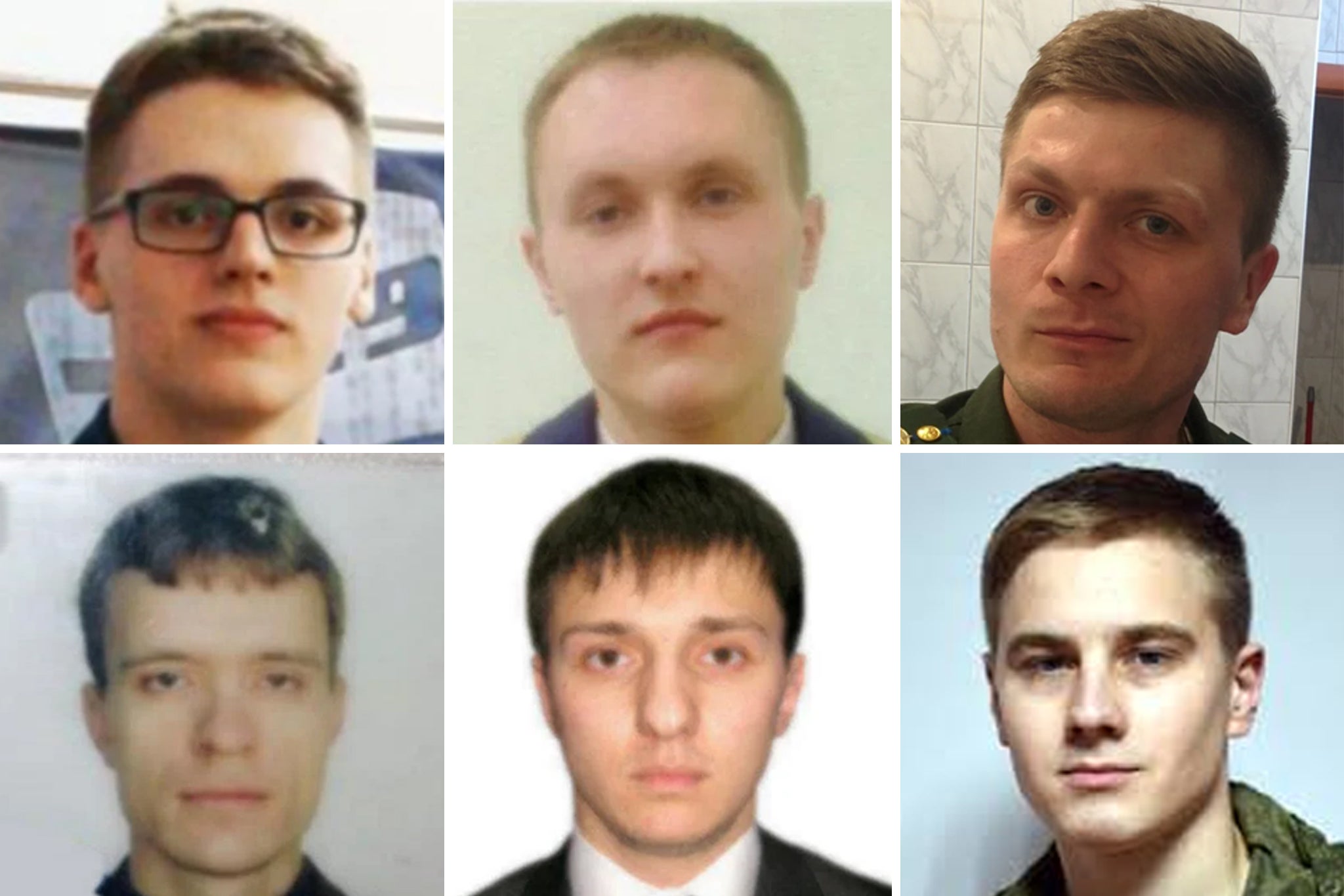 The Foreign Office said the spies were ‘responsible for spreading chaos and disorder on Putin’s orders’. Clockwise, from top left: Nikolay Korchagin, Aleksey Viktorovich Lukashev, Artem Adreyevich Malyshev, Vladislav Yevgenyevich Borovkov, Ivan Sergeyevich Yermakov, and Sergey Aleksandrovich Morgachev