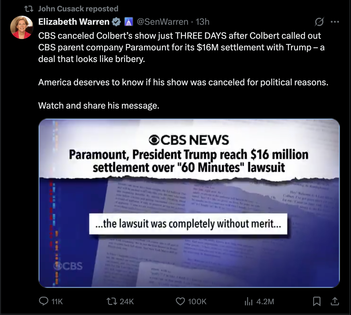 Elizabeth Warren questioned CBS's motives behind the cancellation of Stephen Colbert's show