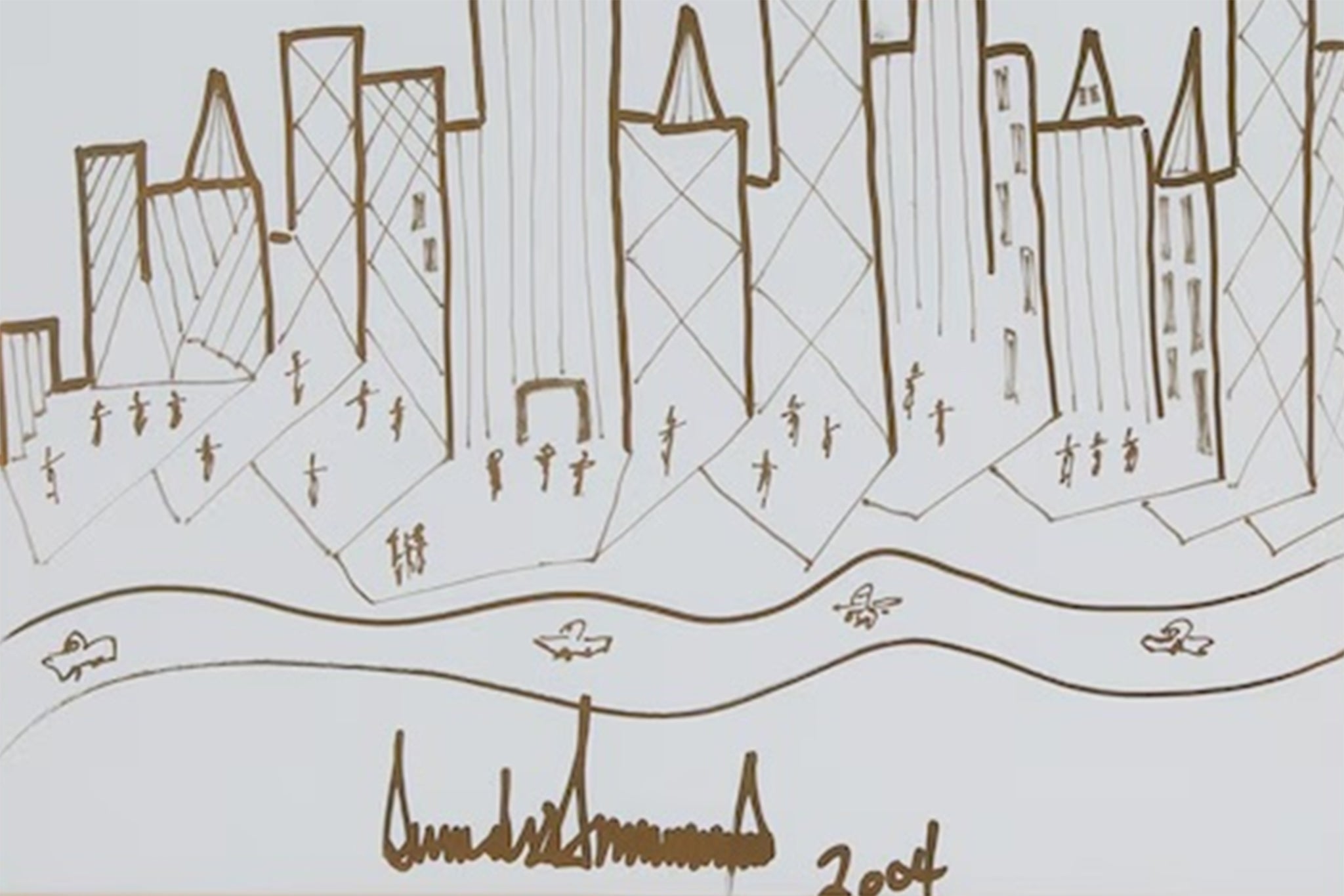 This signed sketch of the Manhattan skyline that Trump drew in 2005, though dated 2004, was sold at auction in 2017