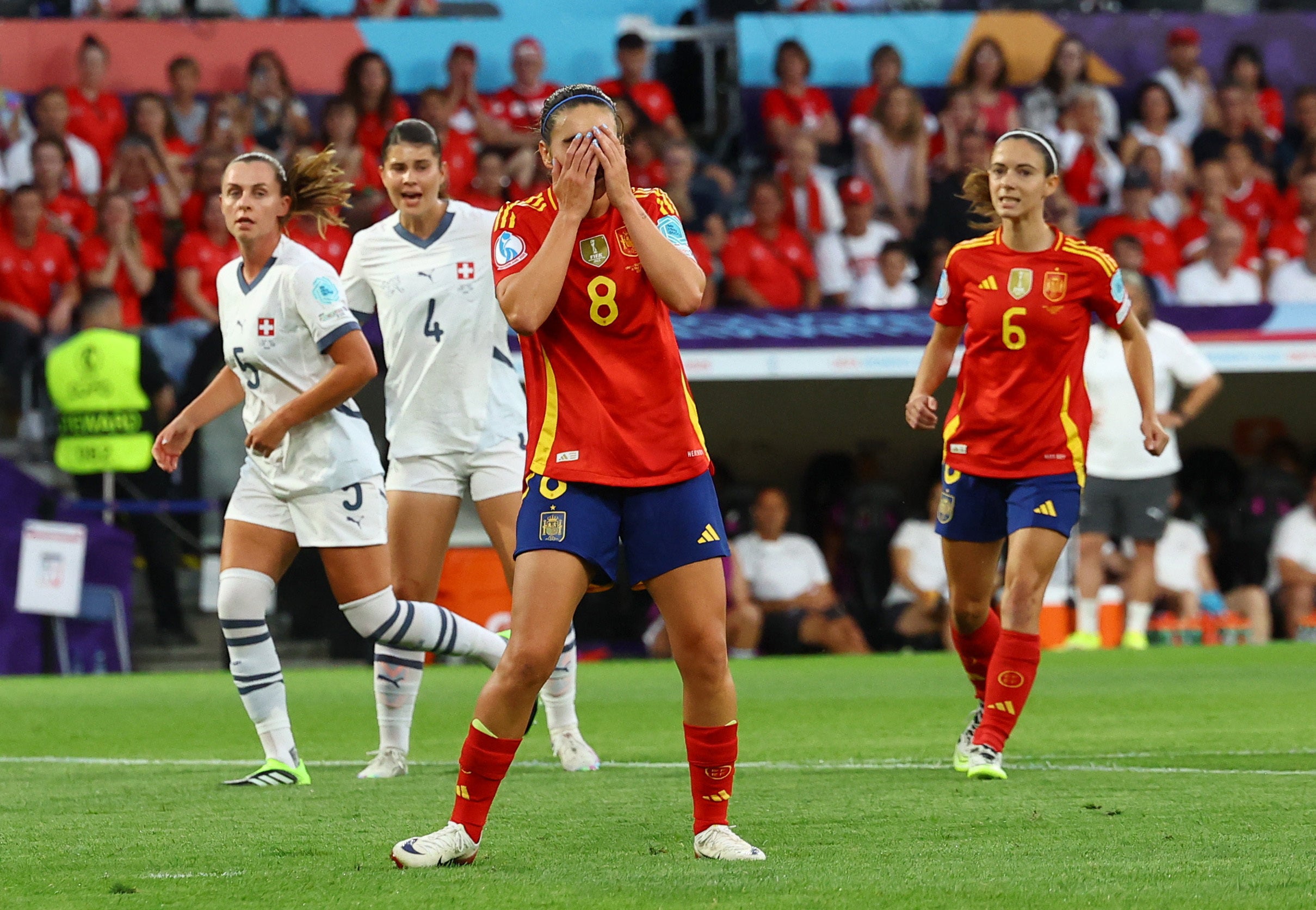 Mariona Caldentey reacts after missing a penalty for Spain