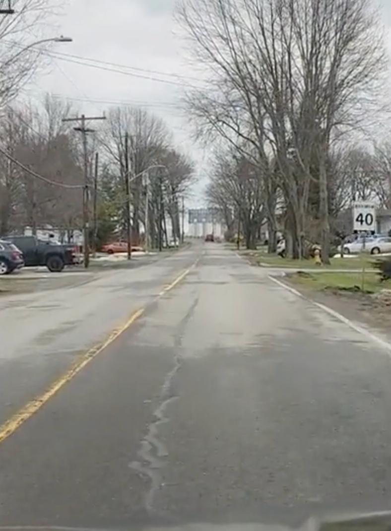 In this still from a viral video, the Port Colborne mill looms large in the distance