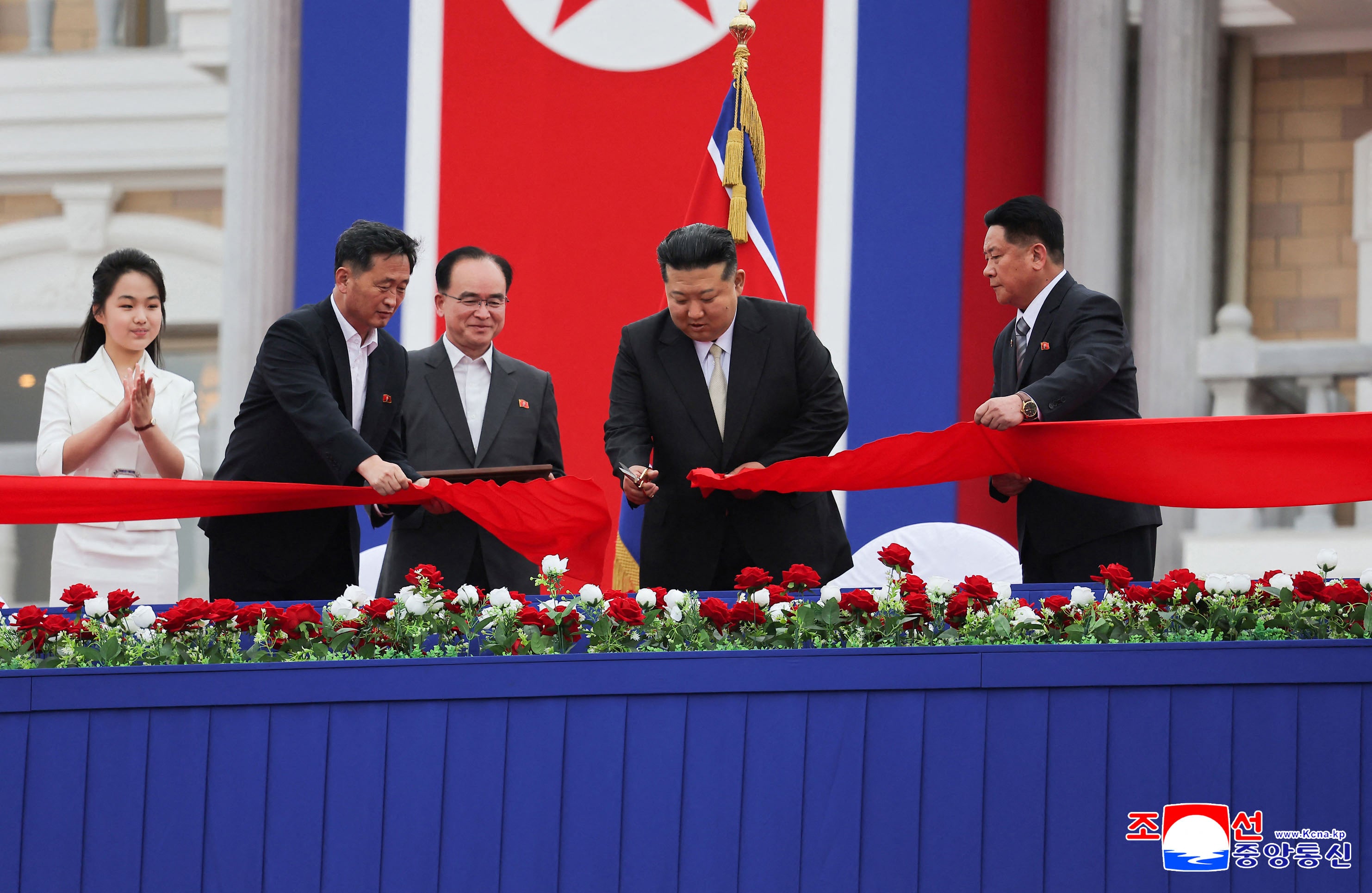 File. North Korean leader Kim Jong Un (2nd R), his daughter Kim Ju Ae (L), attending the inaugural ceremony of the Wonsan Kalma coastal tourist area in Kangwon Province, North Korea