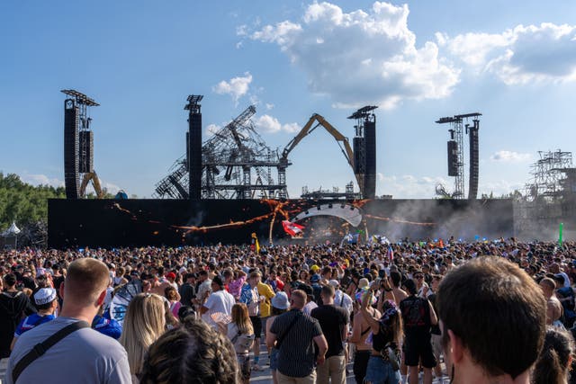 <p>File. The burnt main stage is dismantled on the opening day of the Tomorrowland festival in Belgium in 2025</p>