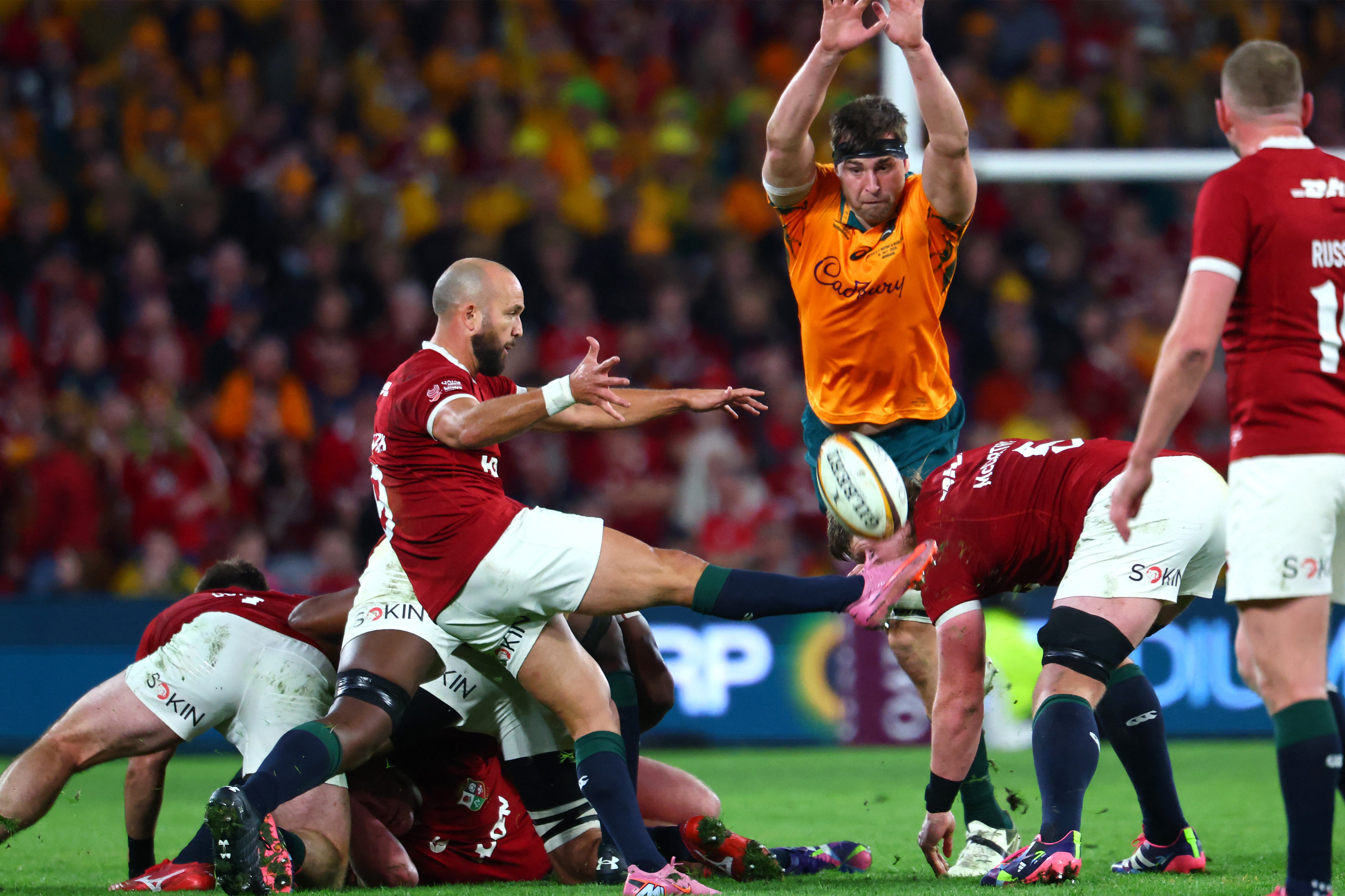 Scrum-half Jamison Gibson-Park confidently clears the ruck in the Lions’ first Test against Australia