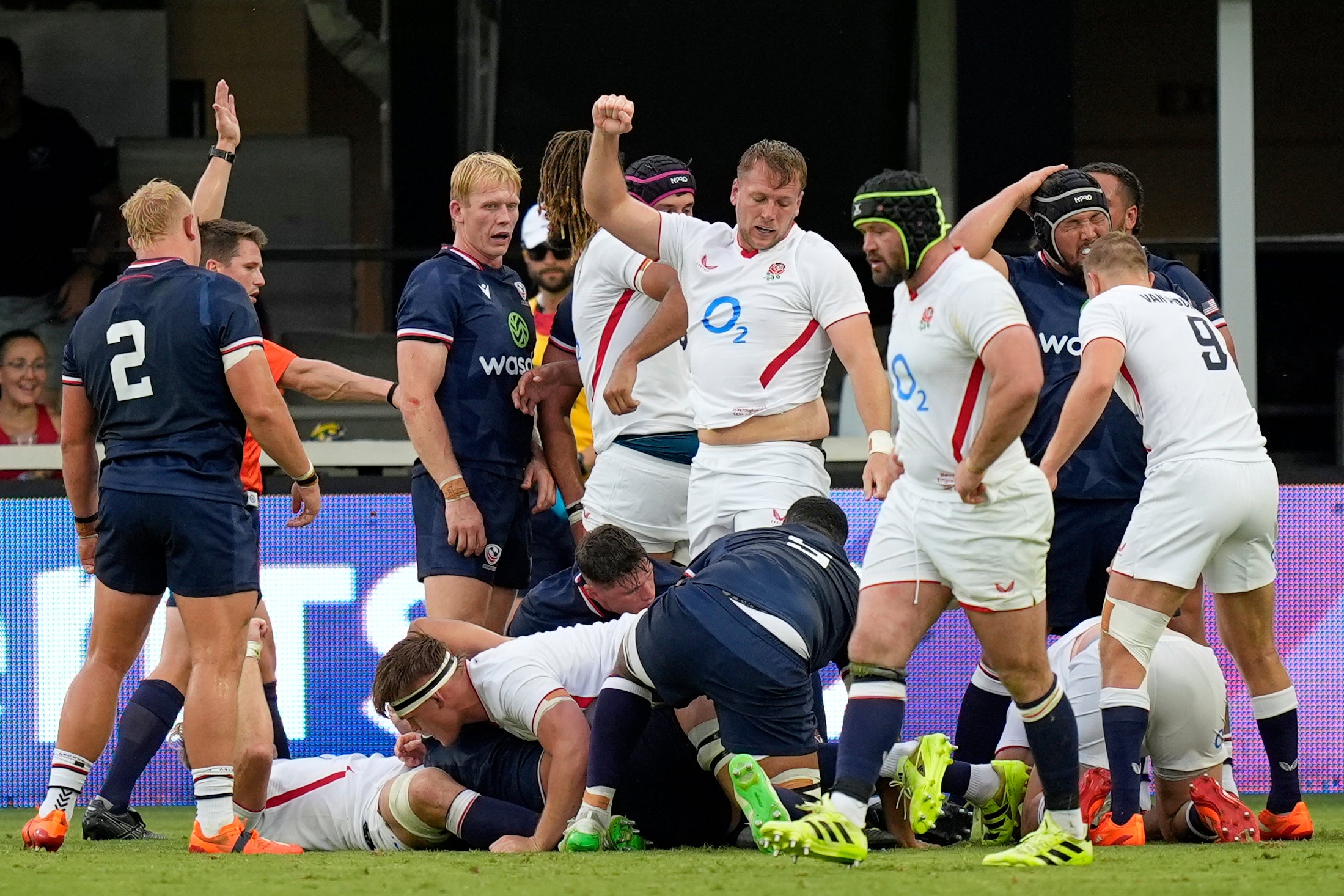 England players celebrate scoring a try in the first half of their Test match against the United States (Alex Brandon/AP)