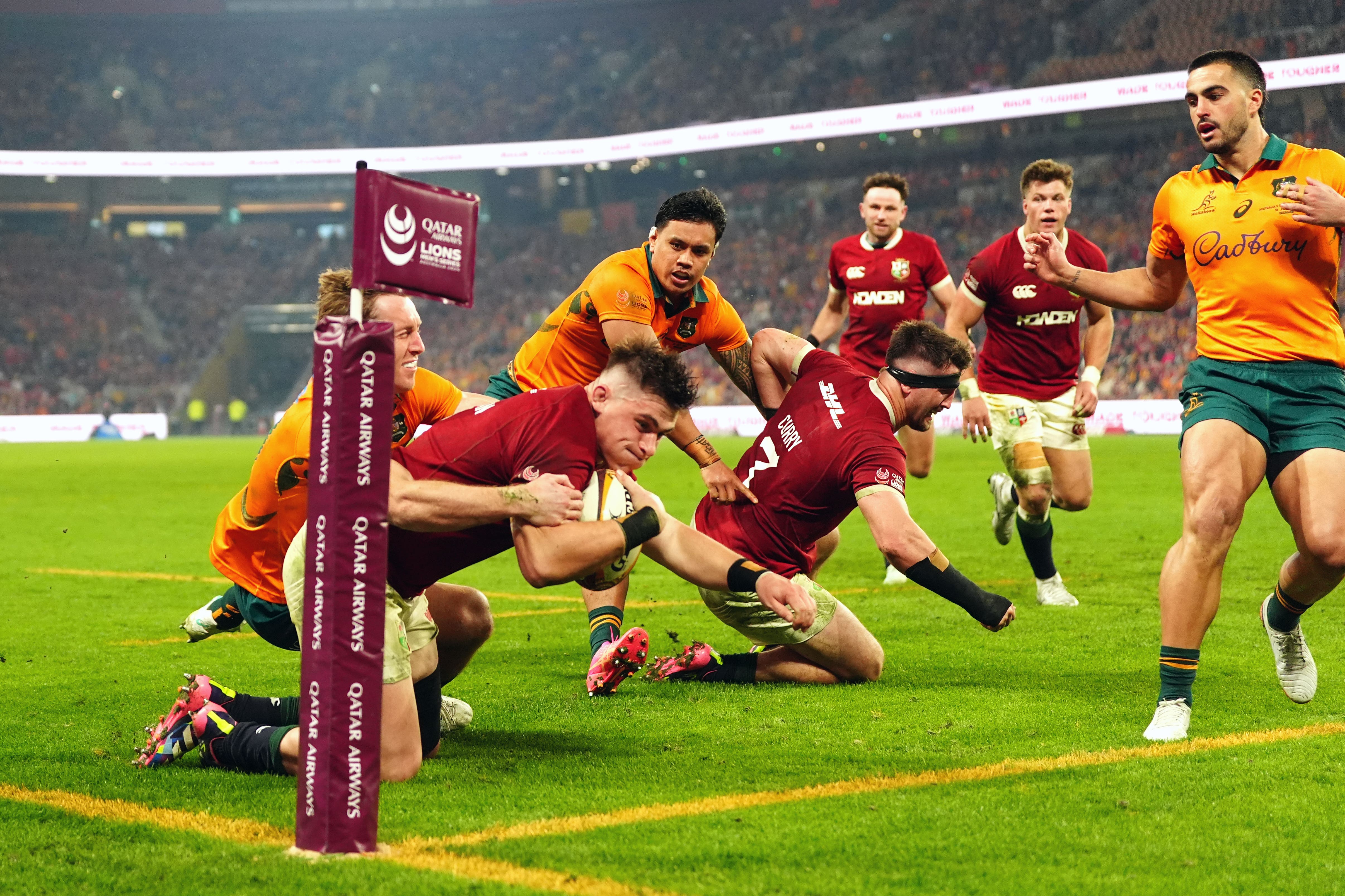 British and Irish Lions hooker Dan Sheehan scores their third try of the game during the Qatar Airways Lions Tour match at the Suncorp Stadium (David Davies/PA)
