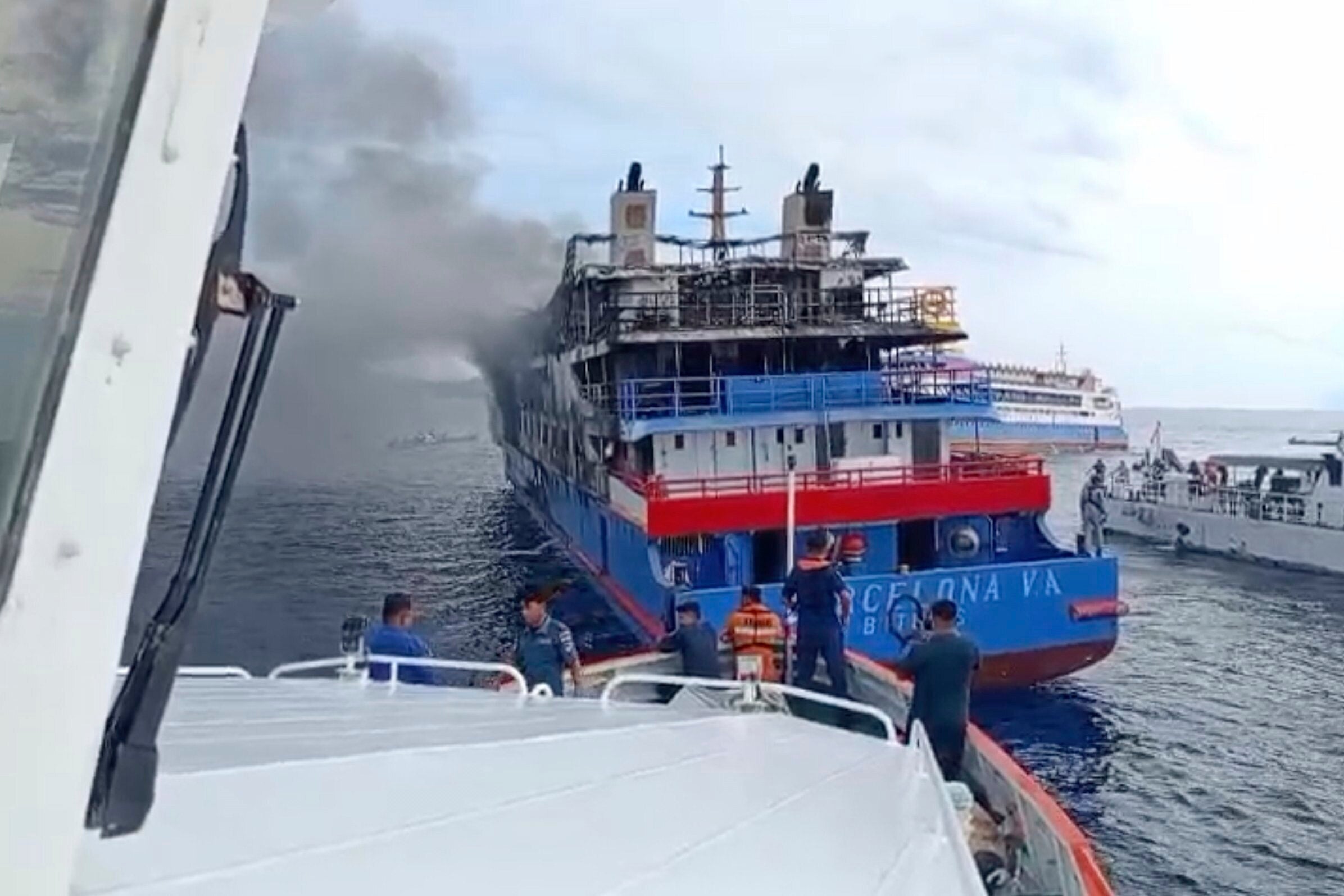 KM Barcelona, after it caught fire in the waters off Talise Island in North Sulawesi