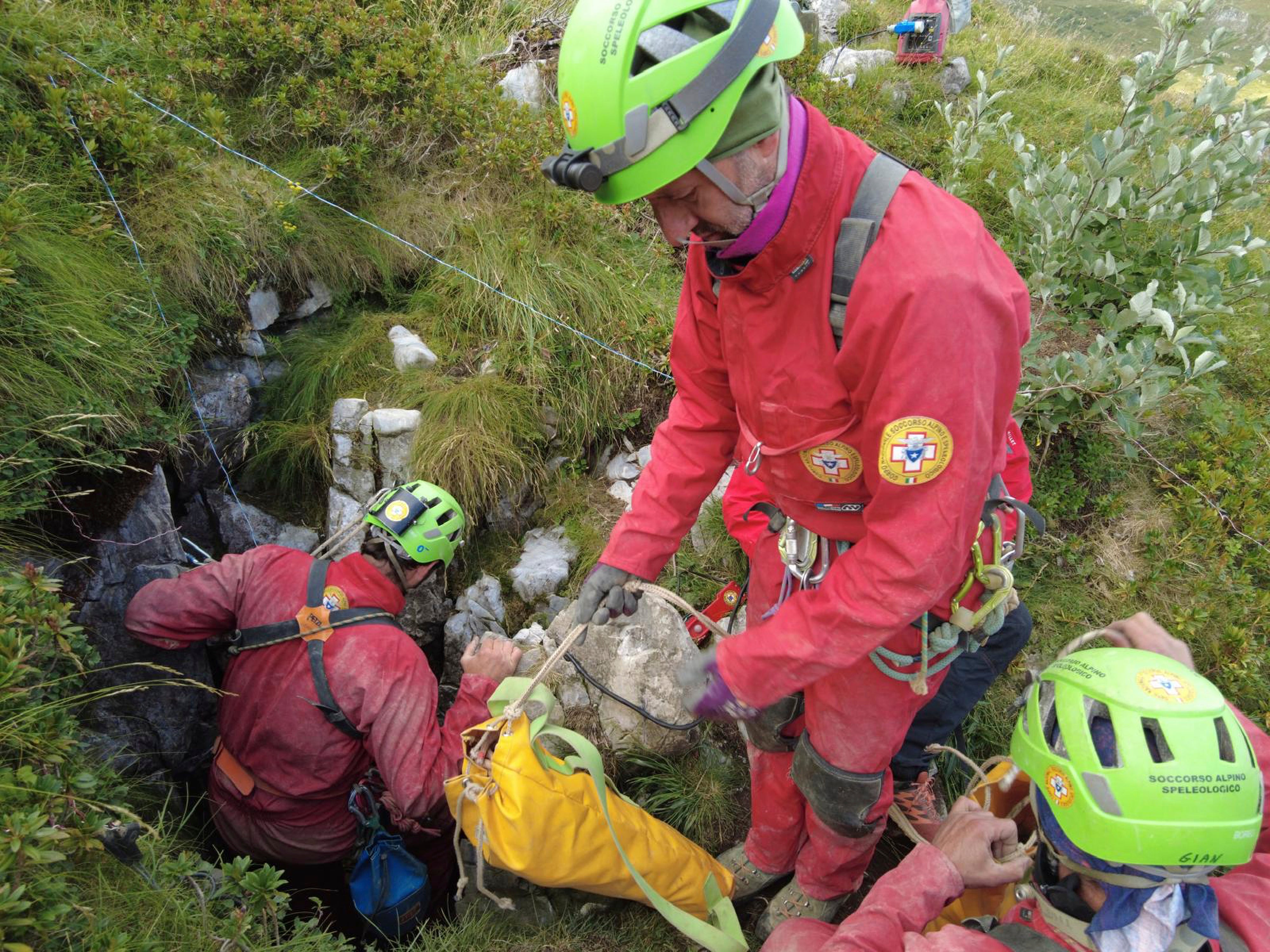 Rescue operations outside the cave where a speleologist became trapped on Sunday