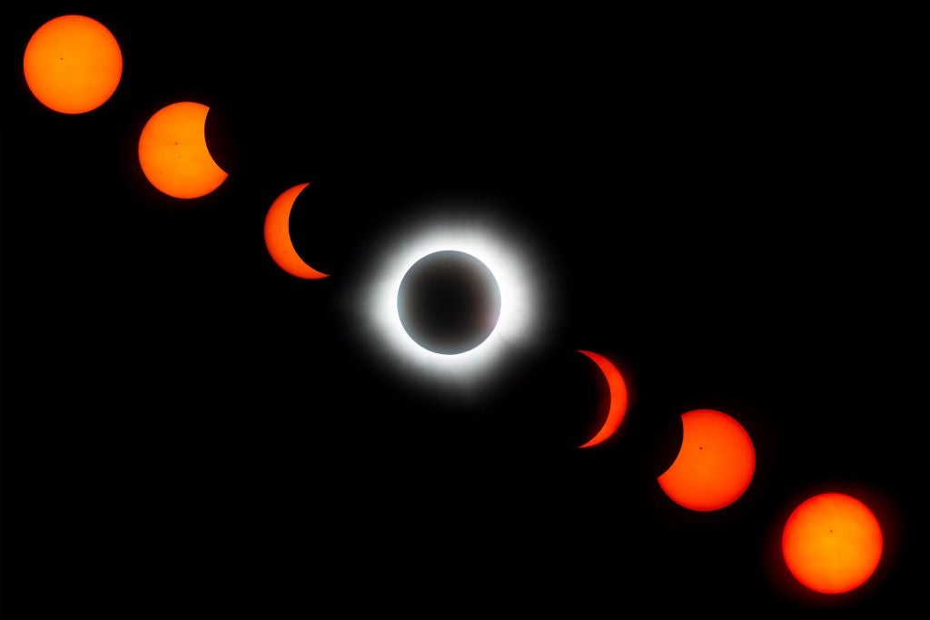 A multiple exposure of a total solar eclipse on 8 April, 2024 in Mazatlan, Mexico