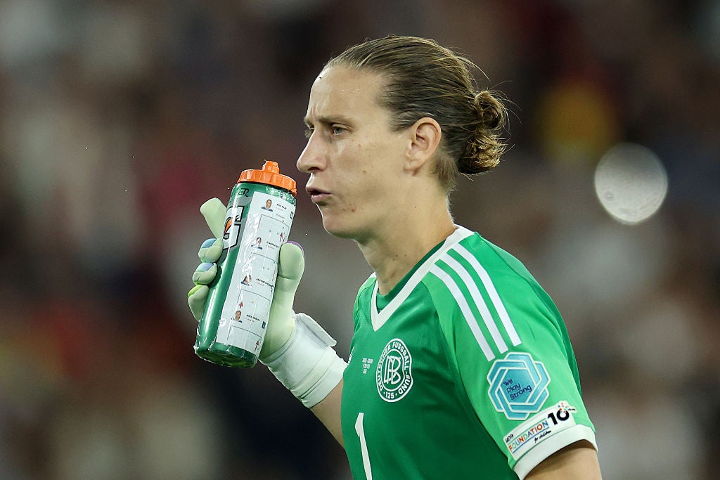 Germany’s Ann-Katrin Berger with a ‘cheat-sheet’ of French penalty takers during the quarter-final
