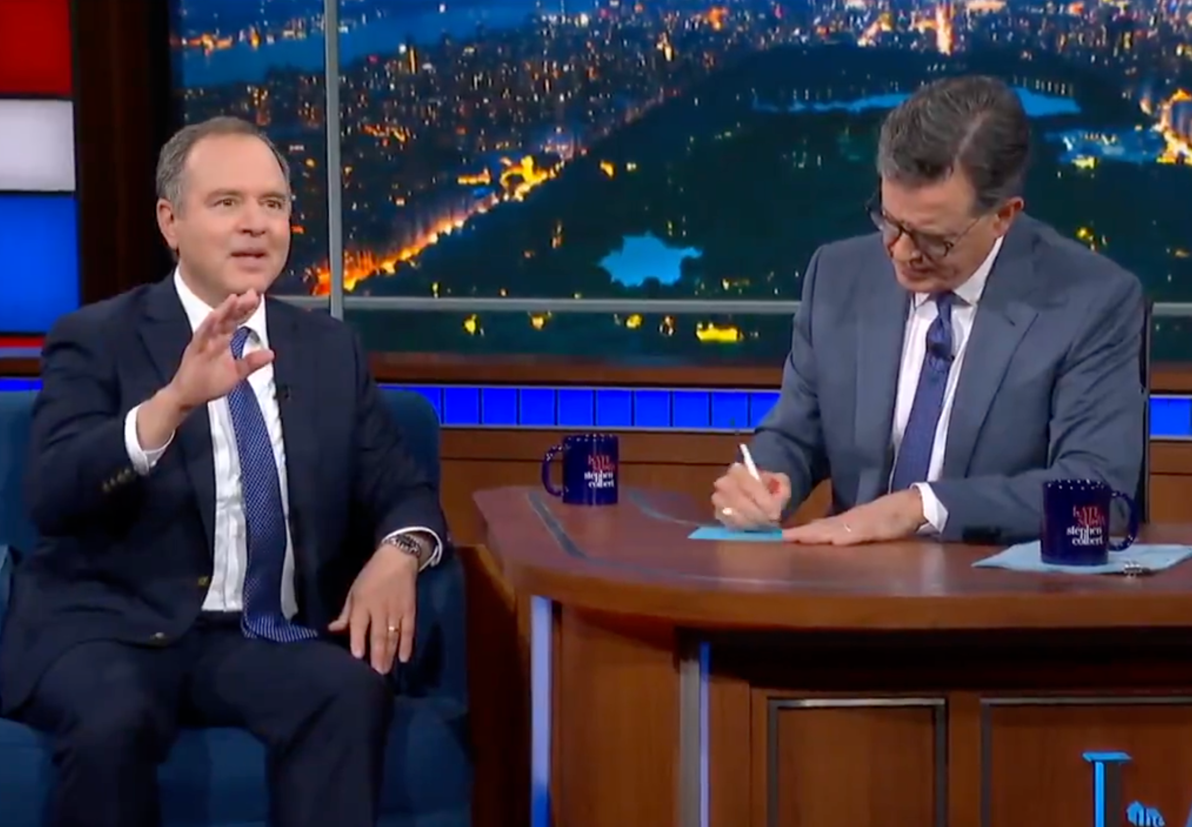 California Democratic Sen. Adam Schiff interviewed by Stephen Colbert on The Late Show on Thursday July 17 2025