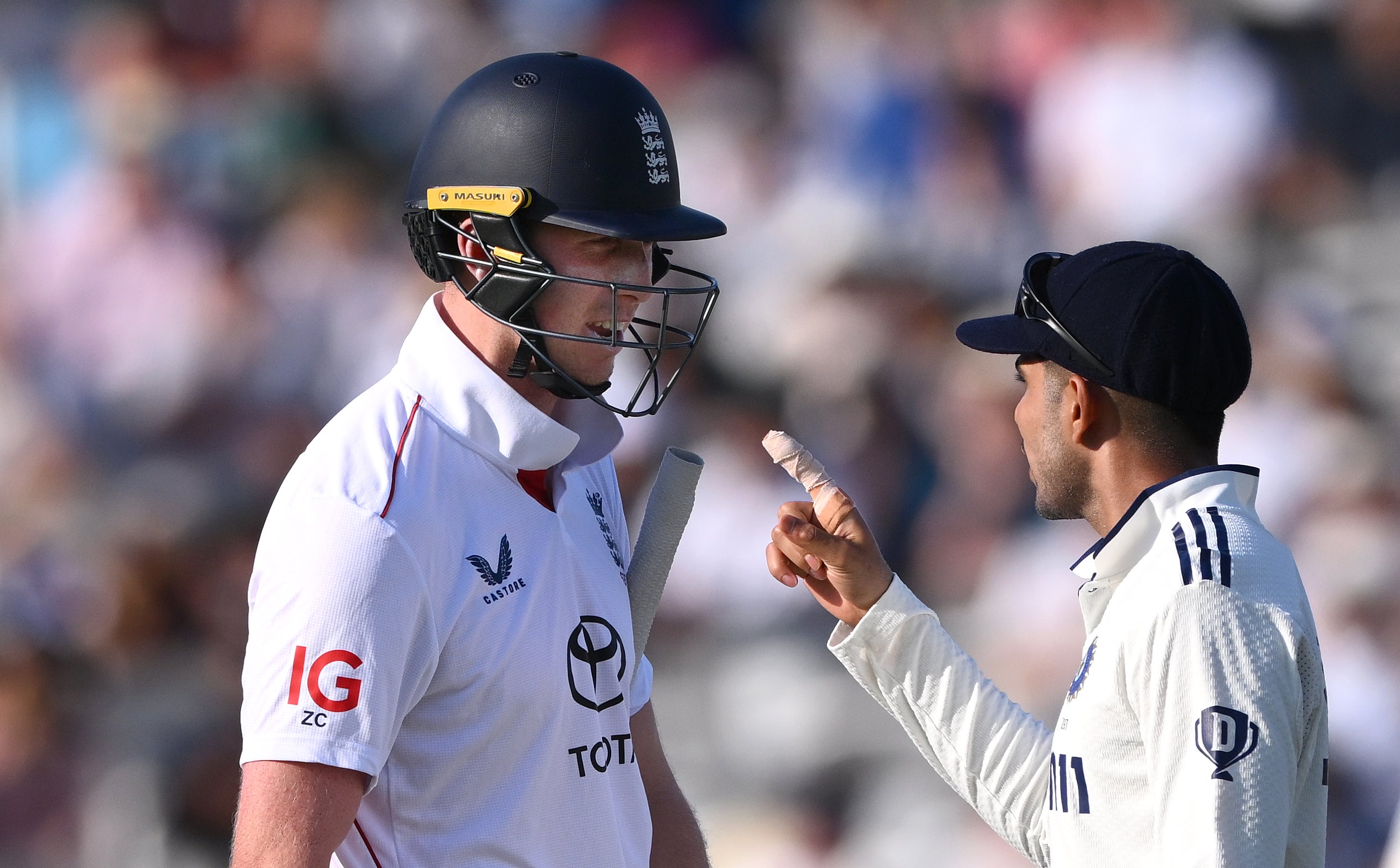 India captain Shubman Gill (right) exchanging words with England's Zak Crawley
