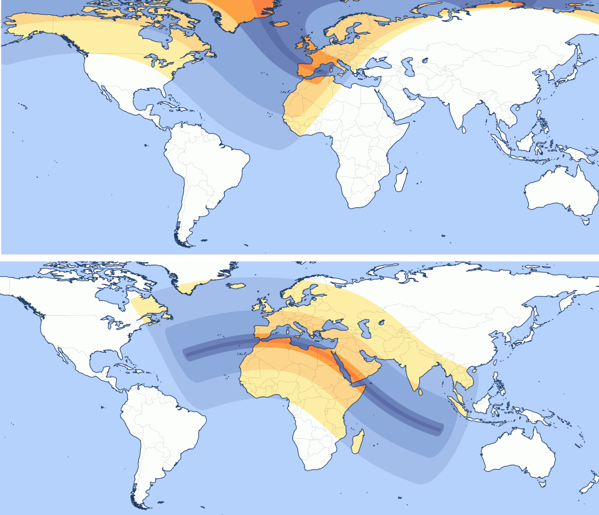 The path of the solar eclipse on 12 August 2026 (above), and the eclipse on 2 August 2027
