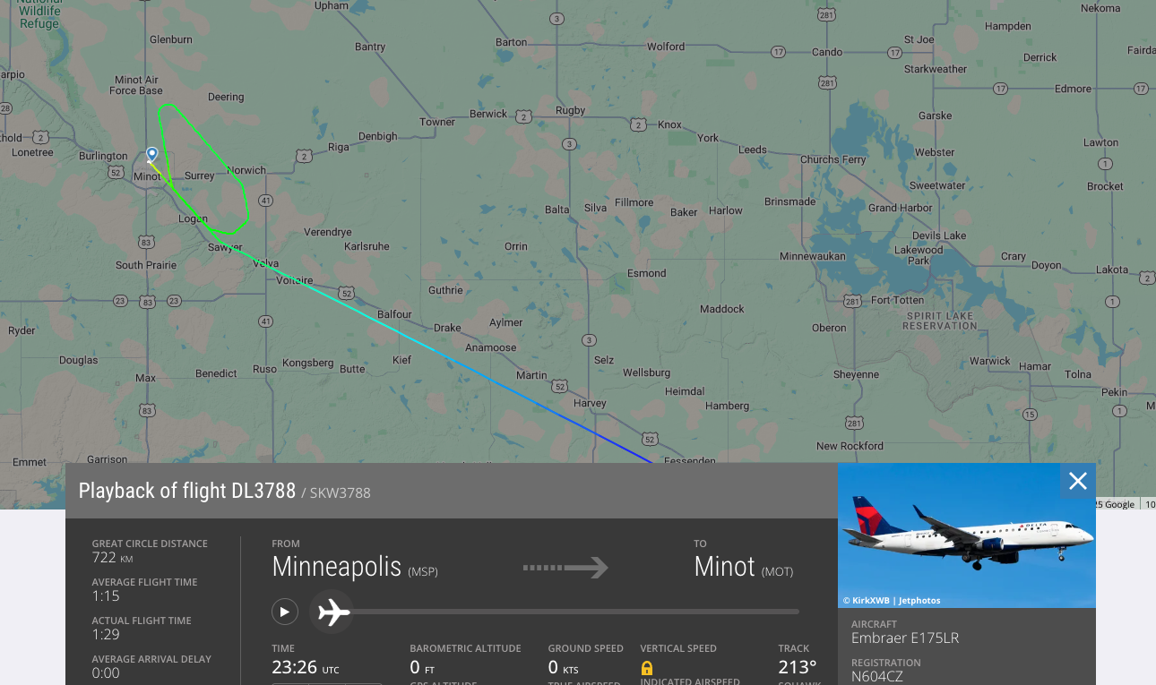 Tracking data showed the moment flight DL3788 was forced to turn away from the jet as it was inbound to Minot International Airport in North Dakota