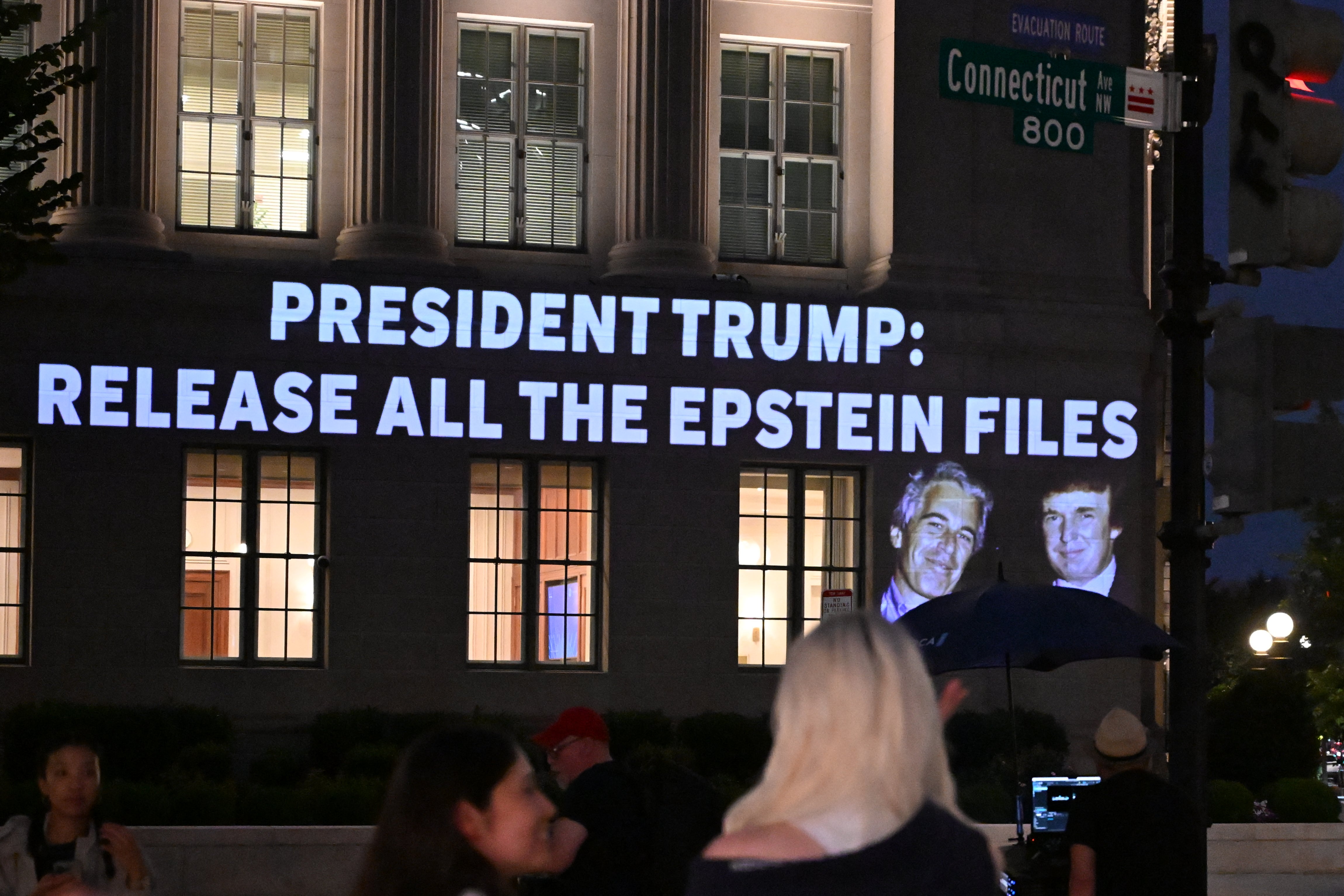 Activists project a message on the Justice Department’s headquarters calling for the Trump administration to release more information on Epstein. Lawmakers on both sides of the aisle are pressuring the administration to unseal the files