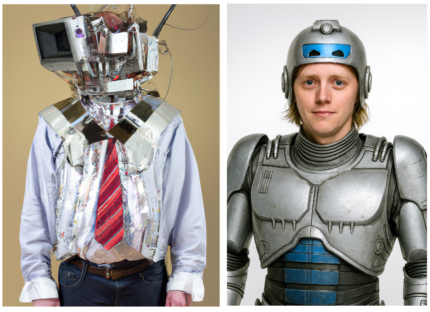 Both images were created with the same prompt – 'the journalist Anthony Cuthbertson dressed up as a robot' – using DALL-E 2 in November 2022 (left) and DALL-E 3 in July 2025