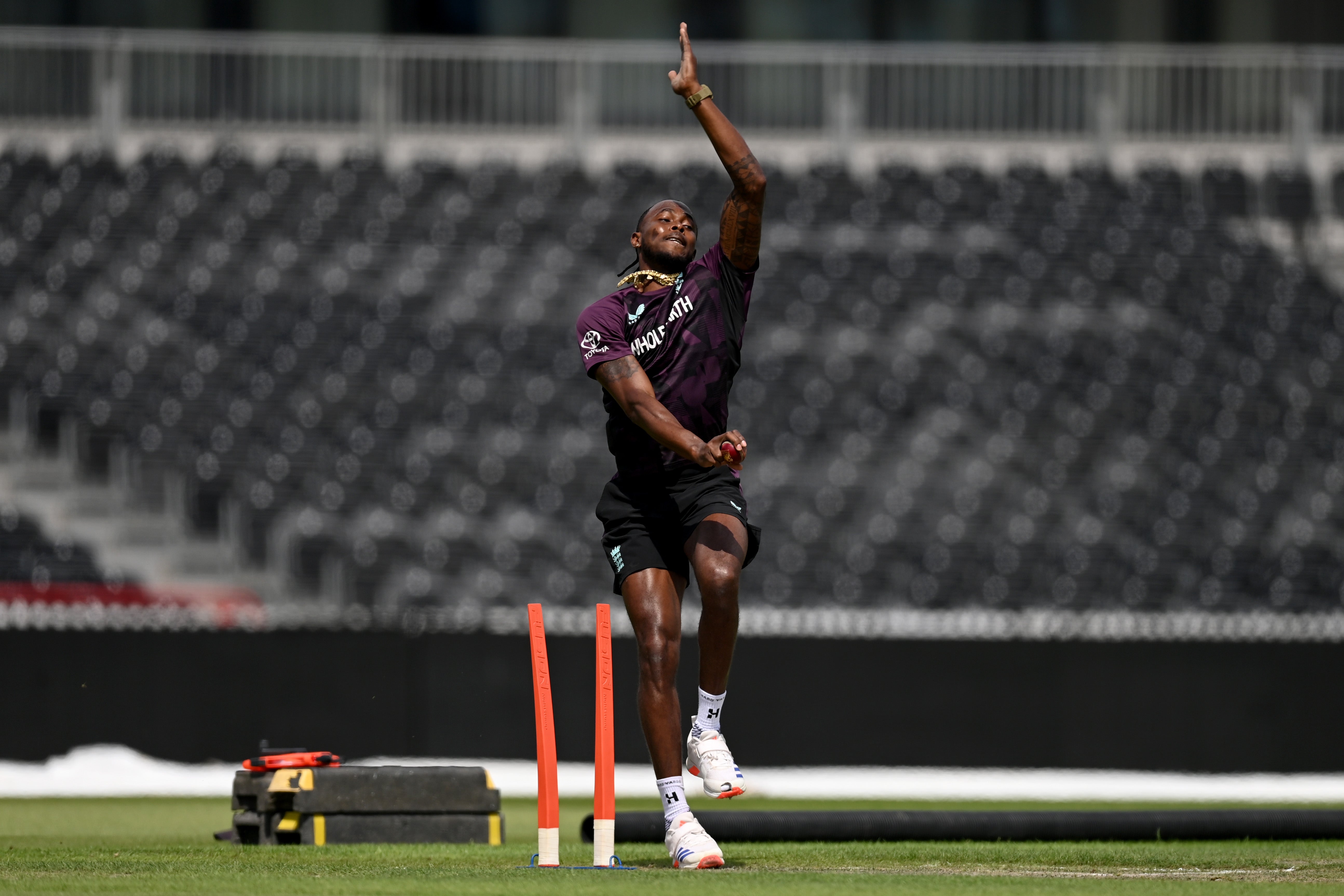 Jofra Archer of England bowls during a net session at Emirates Old Trafford