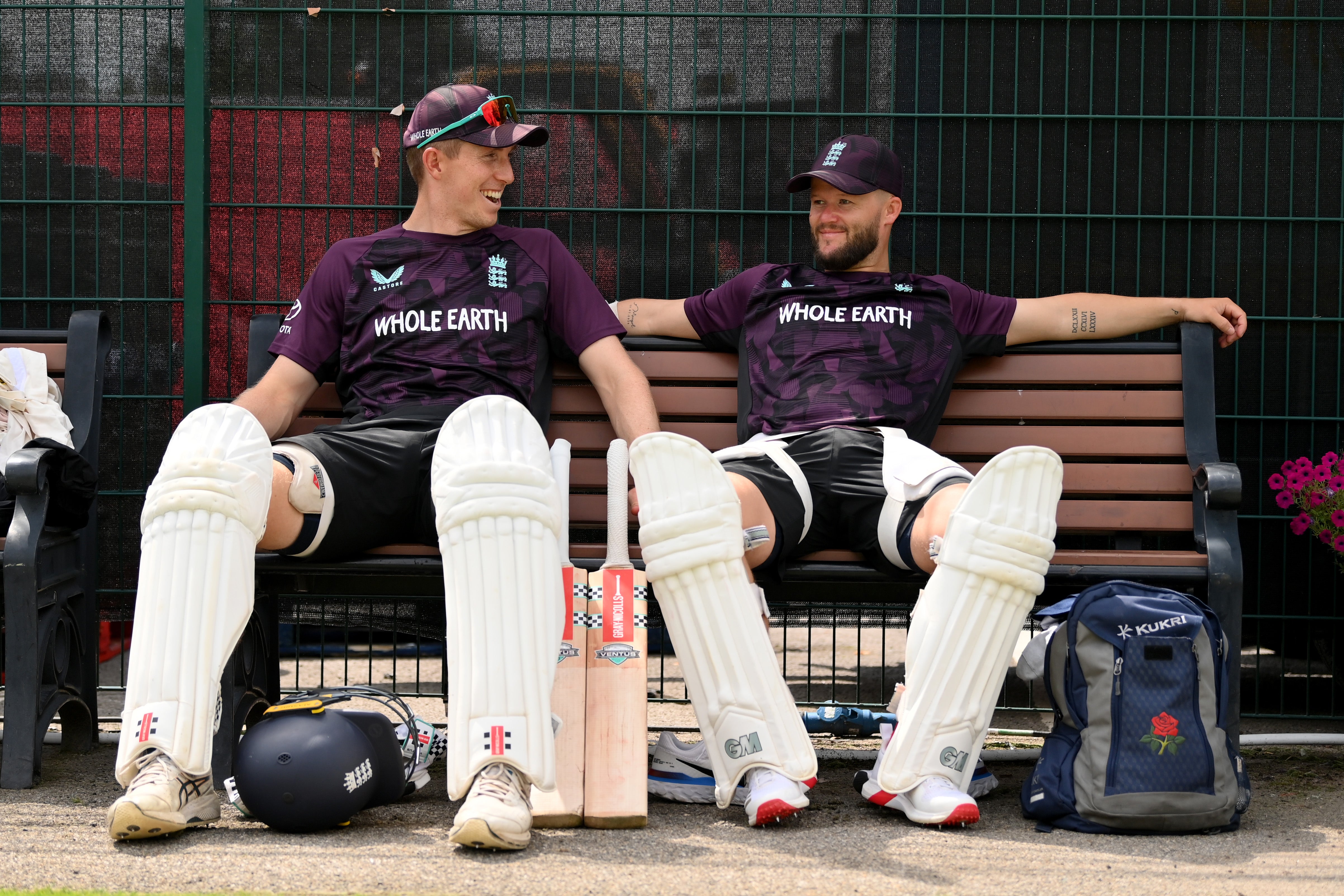 Zak Crawley and Ben Duckett of England wait to bat during a net session