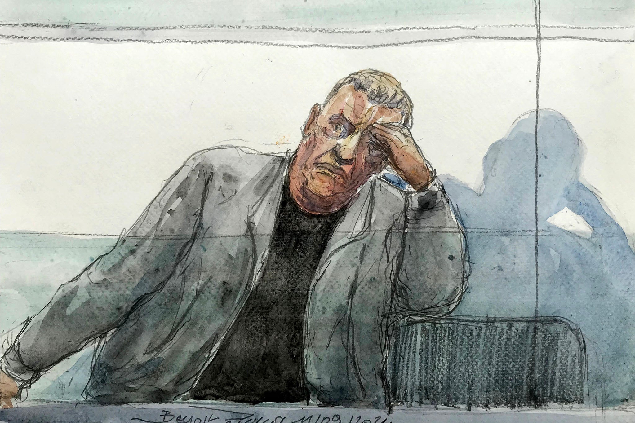 A court sketch shows Dominique Pelicot in court on September 11, 2024