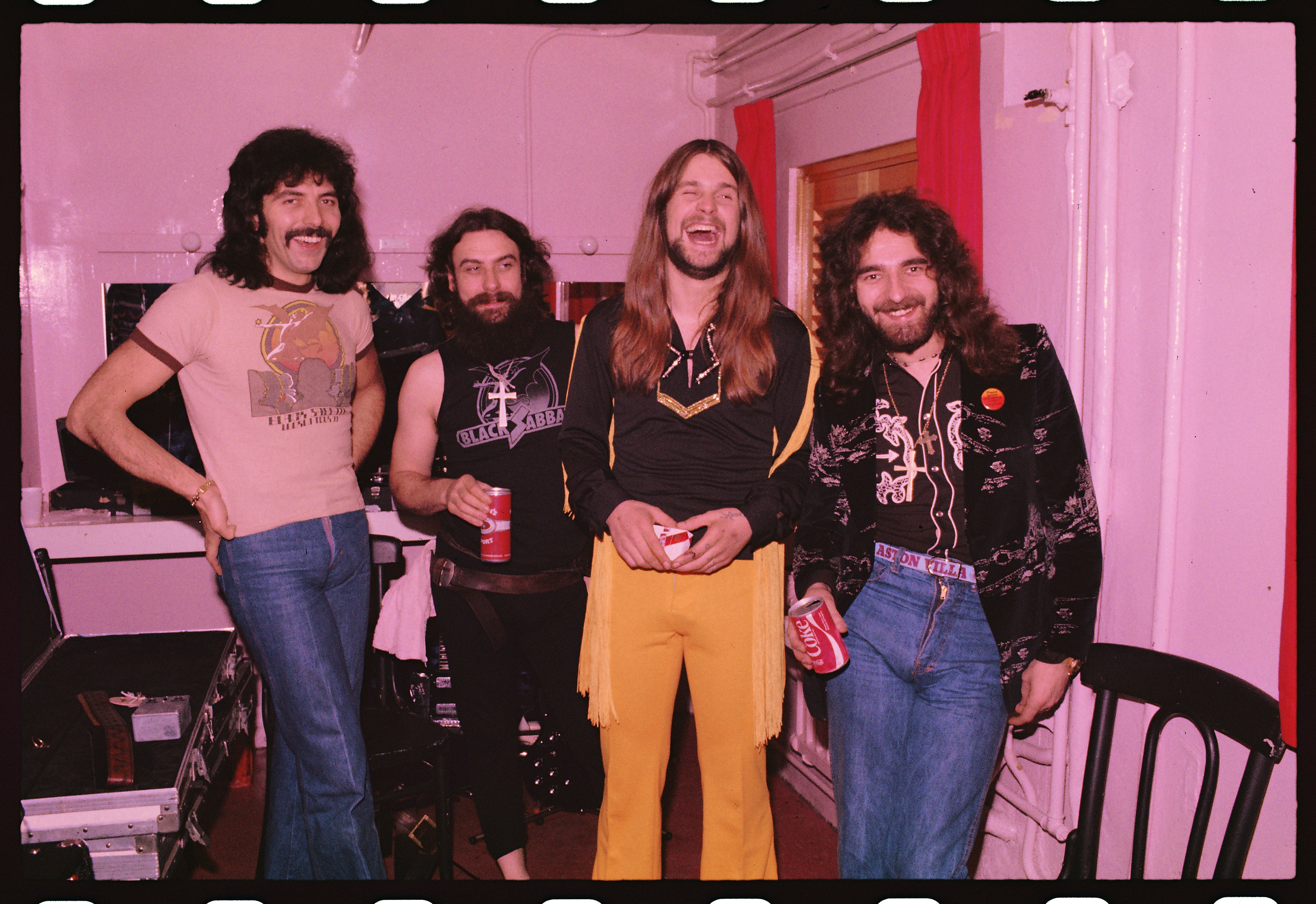 Black Sabbath backstage before performing at London Music Festival '73 at Alexandra Palace, London. L-R Tony Iommi, Bill Ward, Ozzy Osbourne, Geezer Butler.