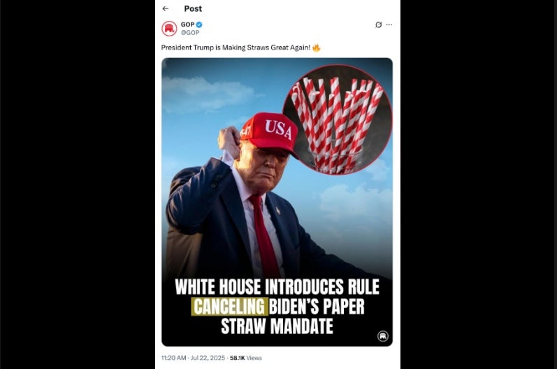 The Republican Party is being blasted on social media for tweeting about Trump's push to ban paper straws as the administration continues to deal with fallout from the Epstein files