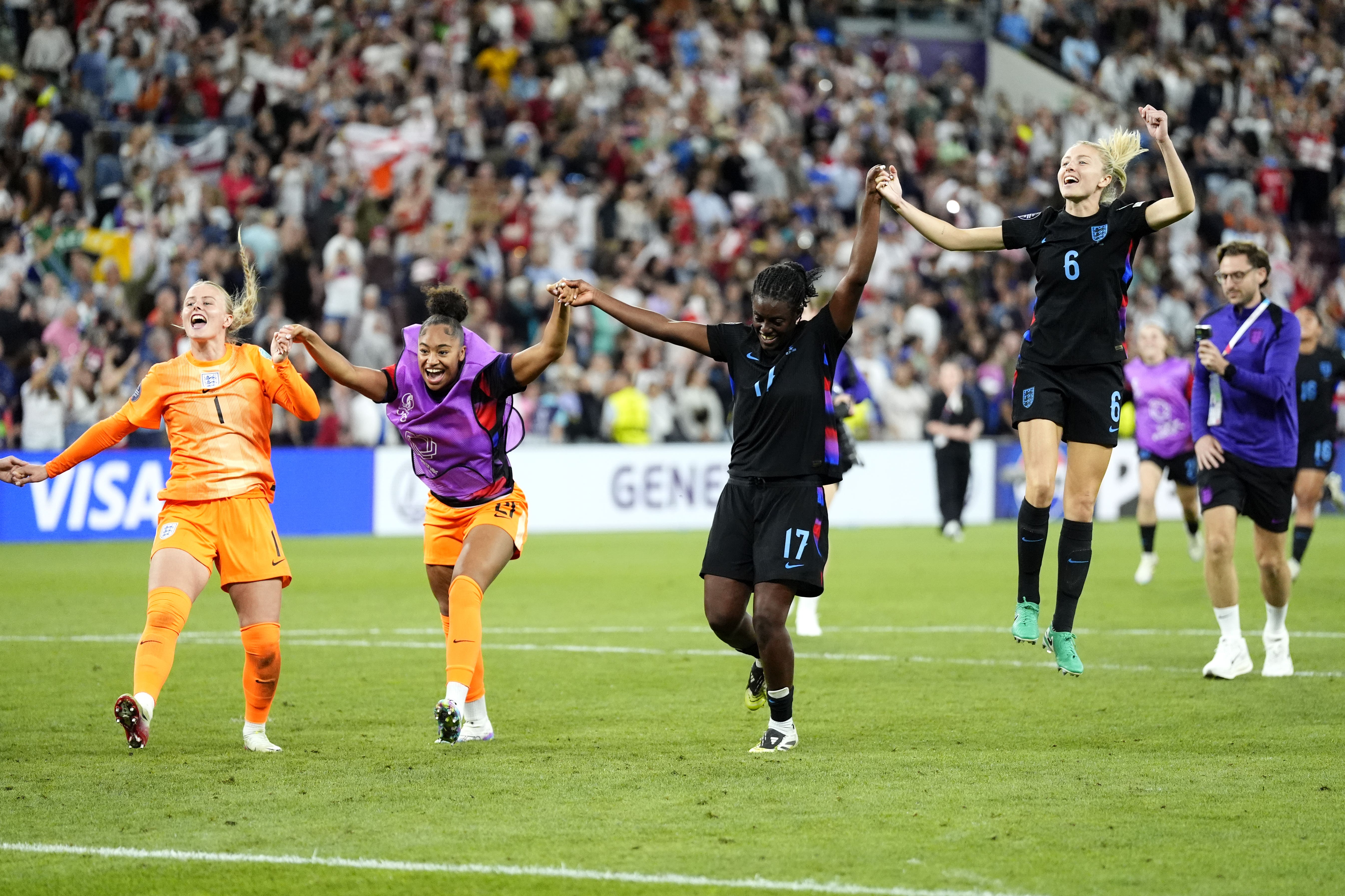 England’s Michelle Agyemang (centre) and team-mates celebrate (Nick Potts/PA)