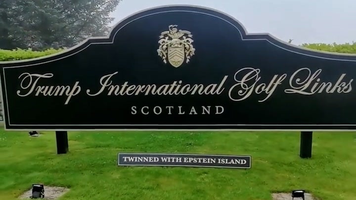 ‘His foes on this side of the Atlantic are already tuning up – wags have put up a spoof sign at his golf course near Aberdeen that says “twinned with Epstein Island”’