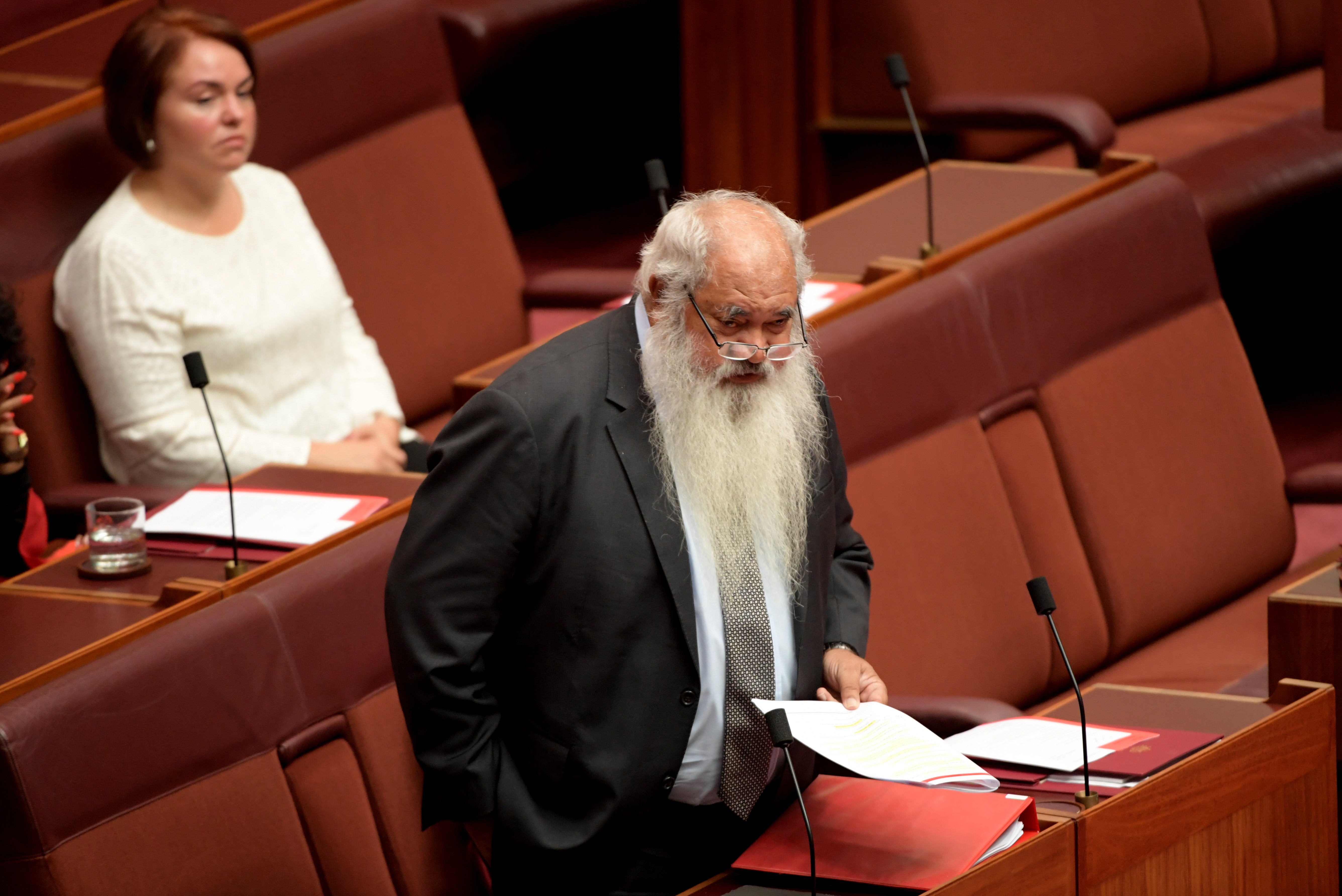 CANBERRA, AUSTRALIA - APRIL 03: Senator Patrick Dodson speaks in the senate at Parliament House on April 03, 2019 in Canberra, Australia. Senator Anning is facing a censure motion over his comments following the Christchurch terror attack on 15 March, in which he blamed the Muslim population in New Zealand for the shooting. (Photo by Tracey Nearmy/Getty Images)