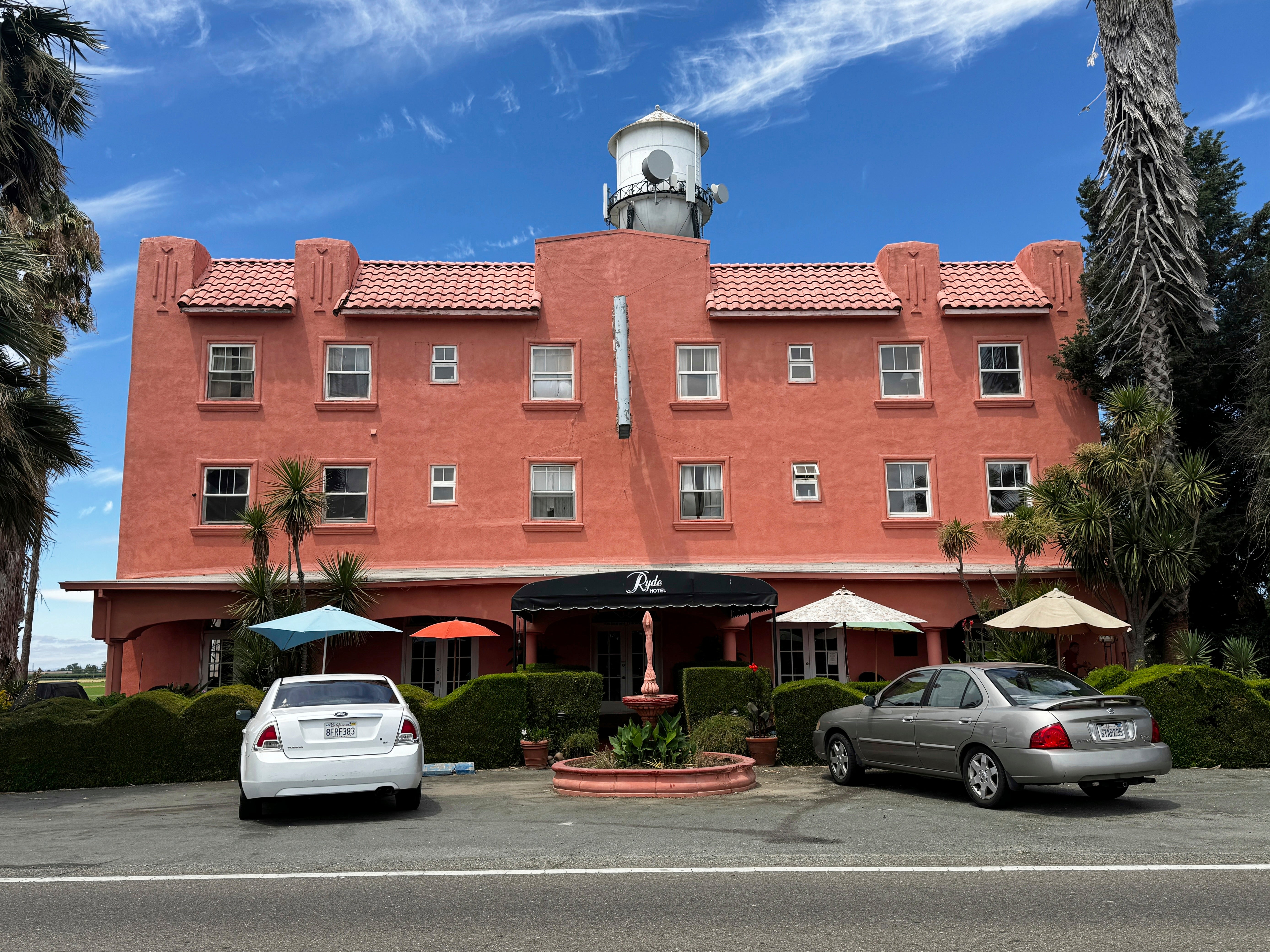 The exterior of the Ryde Hotel, where dozens of peacocks have gone missing in Walnut Grove, California