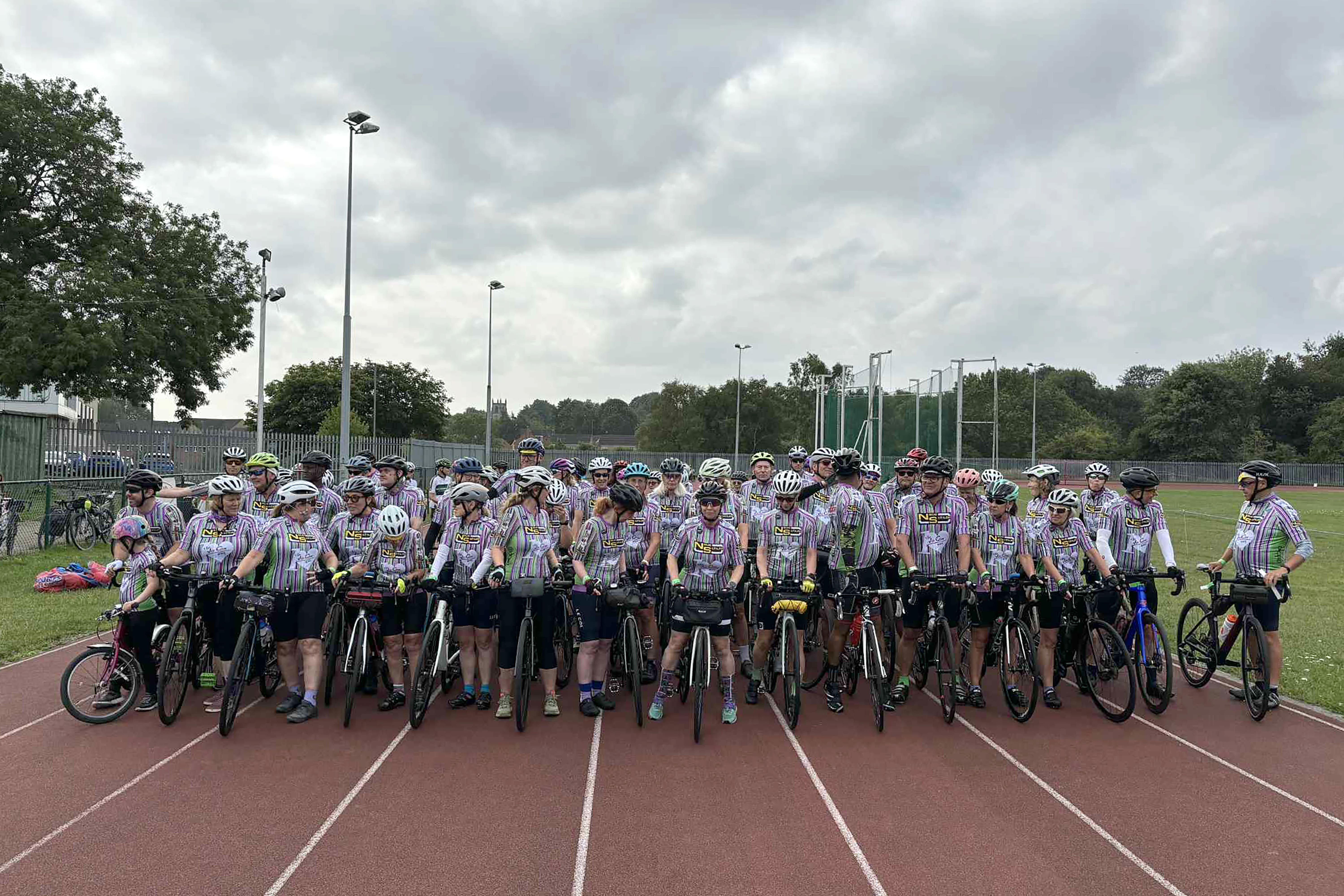 Cyclists at Princess Mary Athletics Stadium in Cleckheaton as they set off on a 290-mile bike ride in memory of murdered MP Jo Cox (The Jo Cox Way/PA)